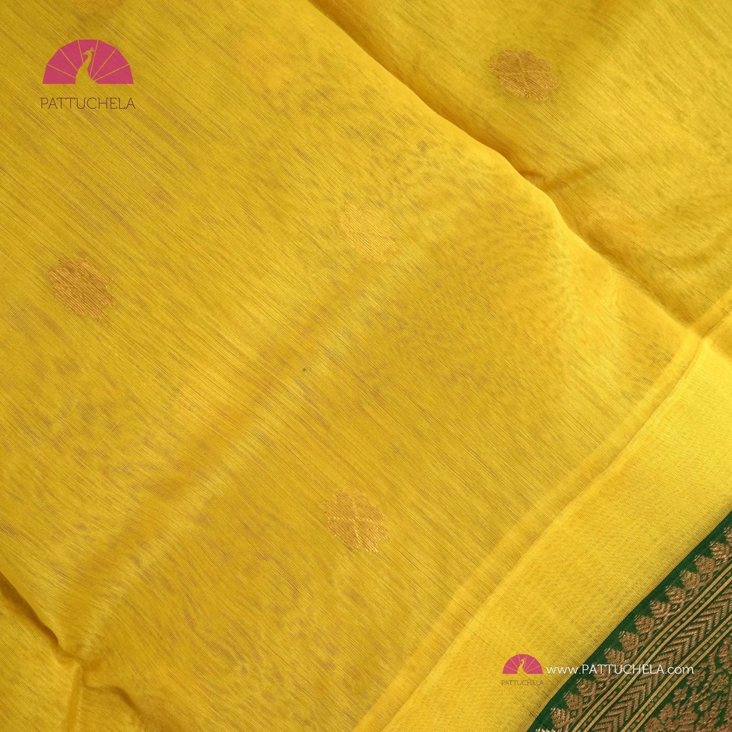 Lemon Yellow Chanderi Katan Handloom Silk Saree with contrast Green zari woven Nakshi Border and Asarfi Motifs
