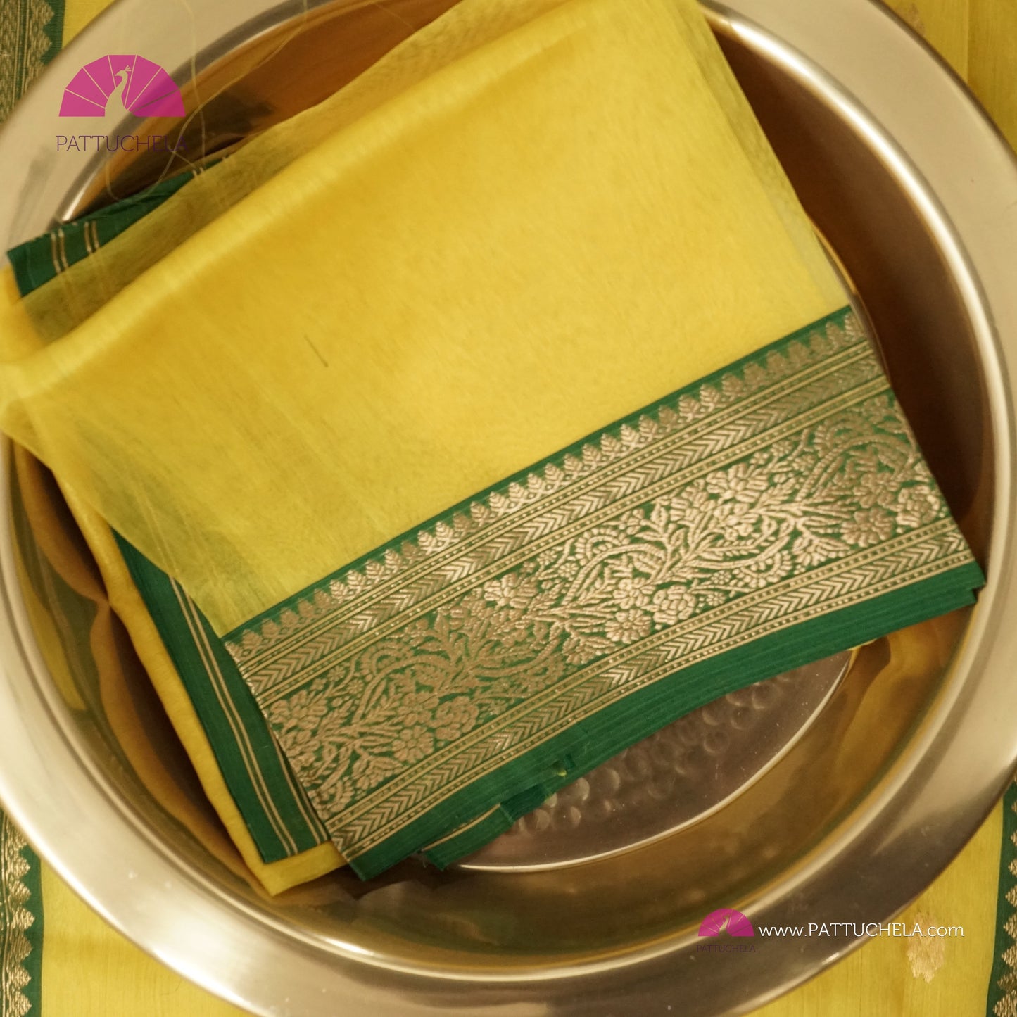Lemon Yellow Chanderi Katan Handloom Silk Saree with contrast Green zari woven Nakshi Border and Asarfi Motifs