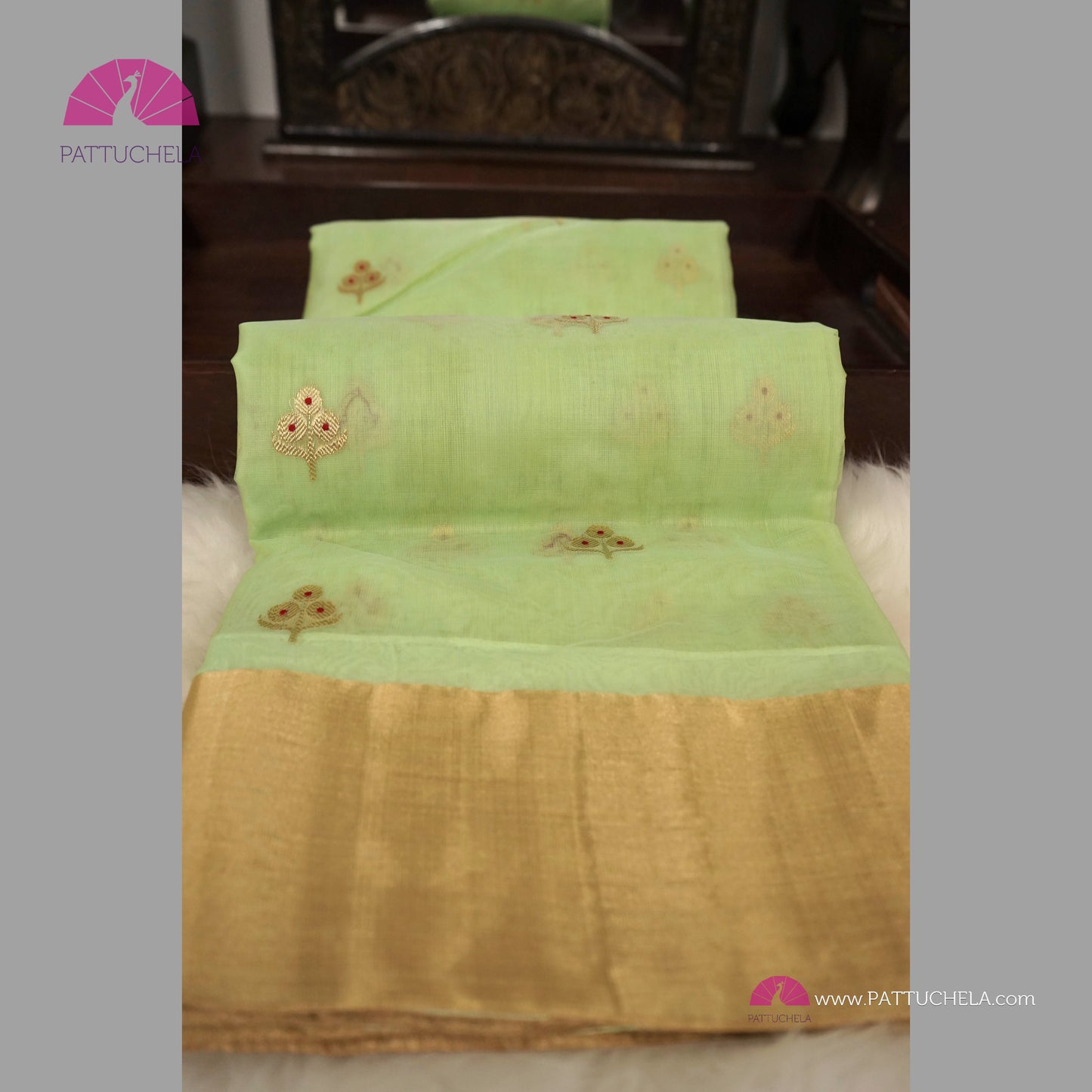 Pastel Pistachio Green Chanderi Katan Meenakari Handloom Silk Saree with Bavanchi Border