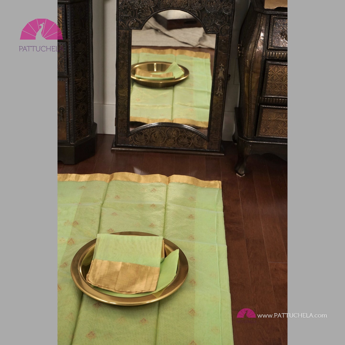 Pastel Pistachio Green Chanderi Katan Meenakari Handloom Silk Saree with Bavanchi Border