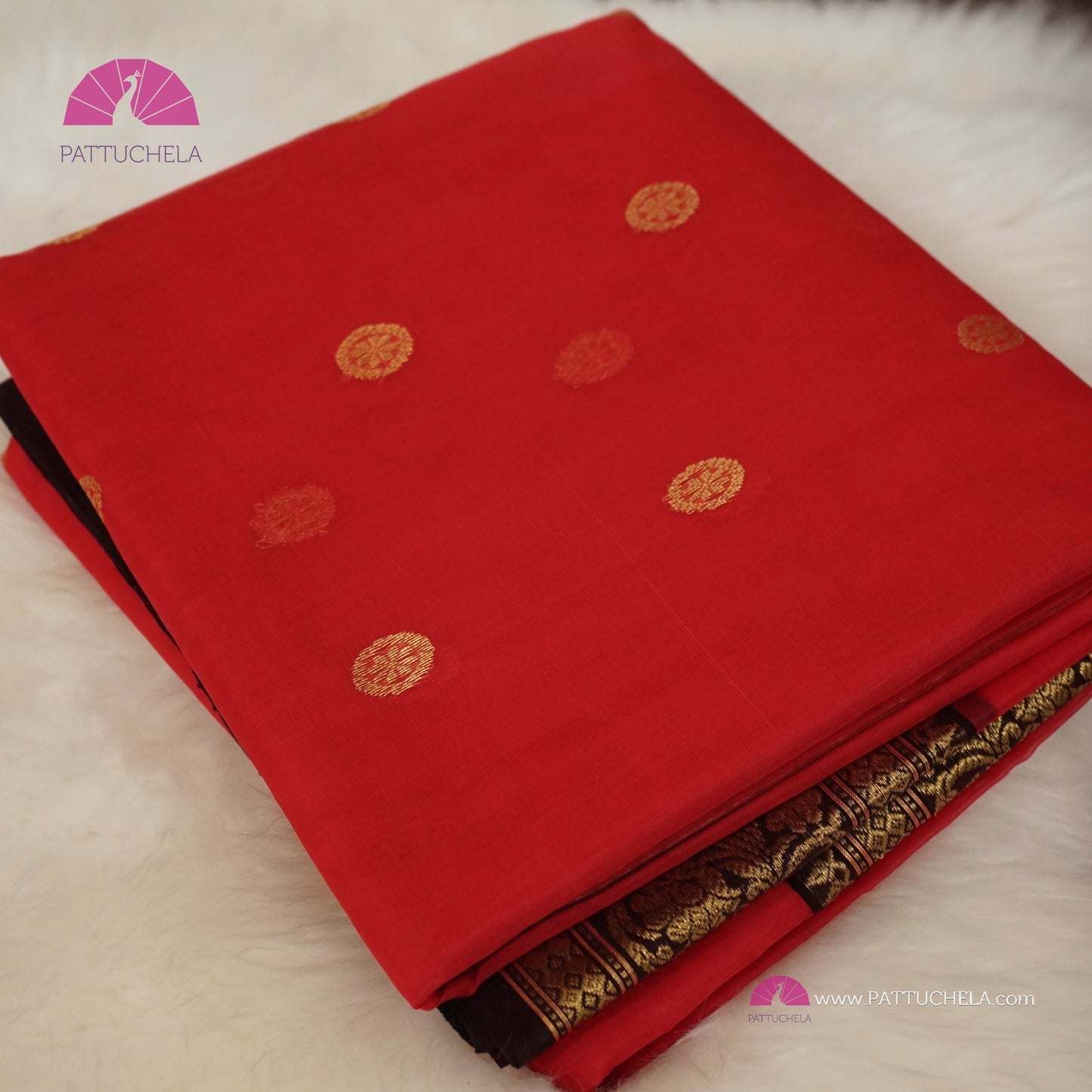 Crimson Red Chanderi Katan Handloom Silk Saree with contrast Black zari woven Nakshi border & Asarfi Motifs