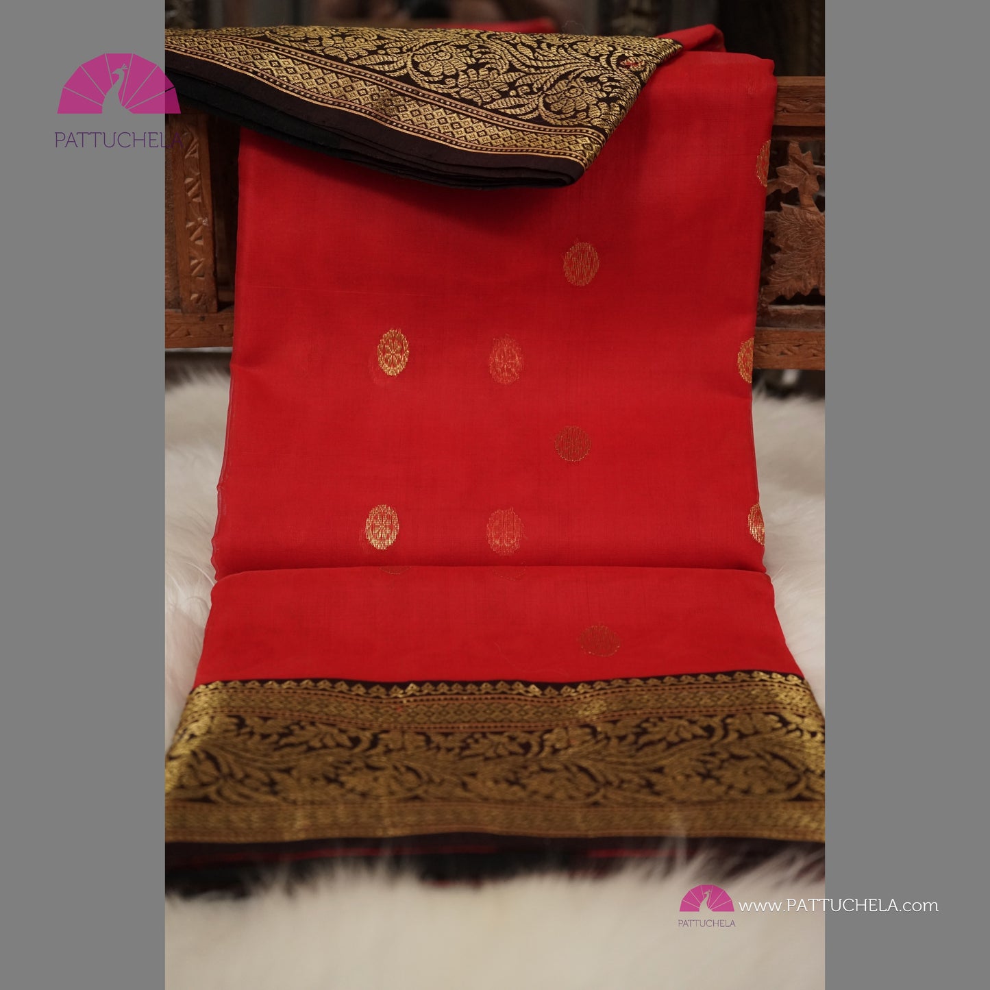 Crimson Red Chanderi Katan Handloom Silk Saree with contrast Black zari woven Nakshi border & Asarfi Motifs