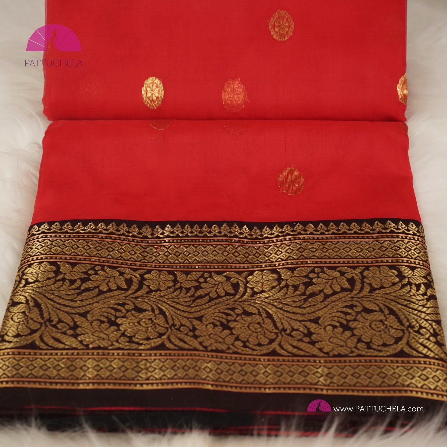 Crimson Red Chanderi Katan Handloom Silk Saree with contrast Black zari woven Nakshi border & Asarfi Motifs