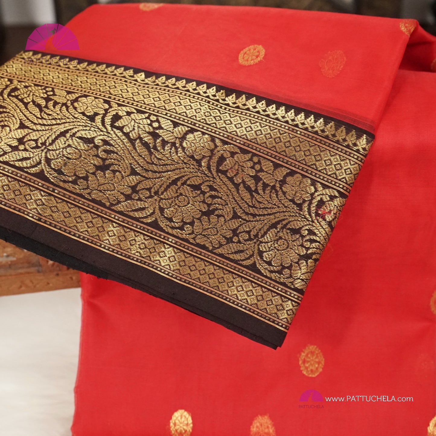 Crimson Red Chanderi Katan Handloom Silk Saree with contrast Black zari woven Nakshi border & Asarfi Motifs