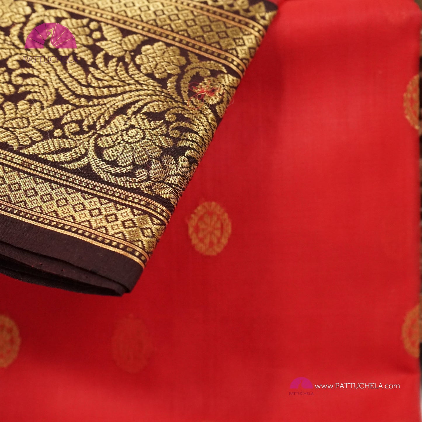 Crimson Red Chanderi Katan Handloom Silk Saree with contrast Black zari woven Nakshi border & Asarfi Motifs