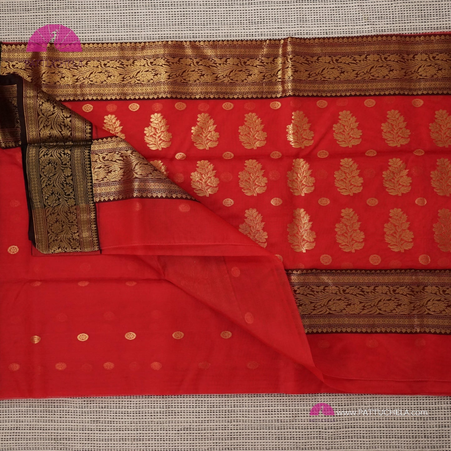 Crimson Red Chanderi Katan Handloom Silk Saree with contrast Black zari woven Nakshi border & Asarfi Motifs