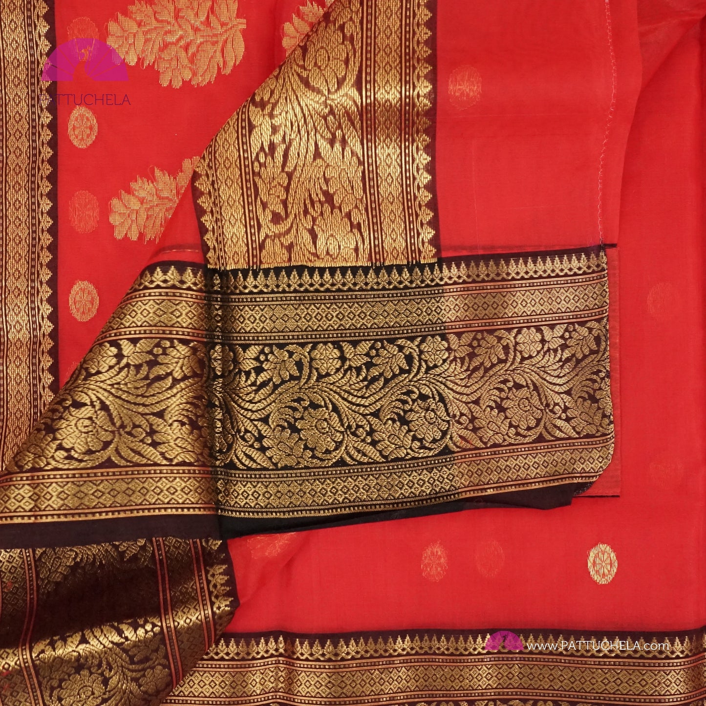 Crimson Red Chanderi Katan Handloom Silk Saree with contrast Black zari woven Nakshi border & Asarfi Motifs