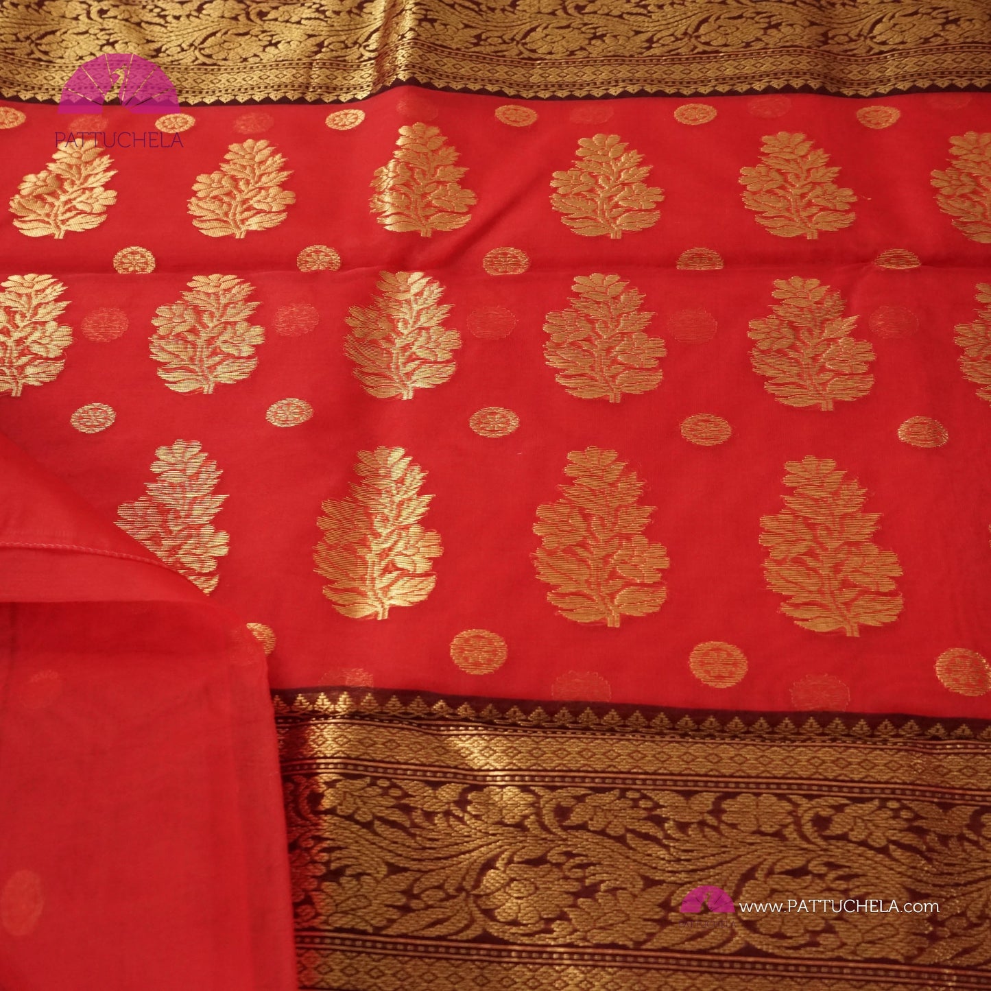 Crimson Red Chanderi Katan Handloom Silk Saree with contrast Black zari woven Nakshi border & Asarfi Motifs