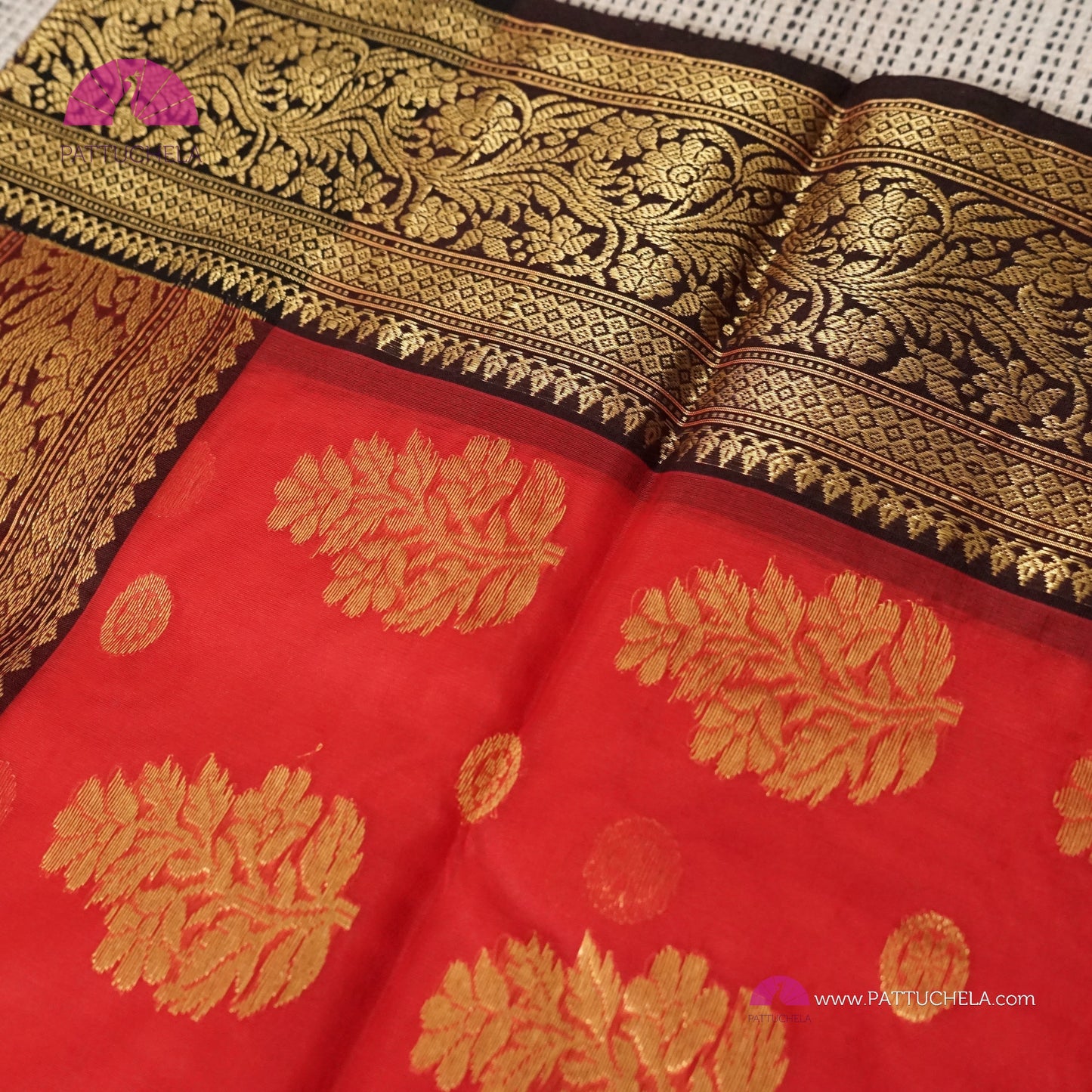 Crimson Red Chanderi Katan Handloom Silk Saree with contrast Black zari woven Nakshi border & Asarfi Motifs