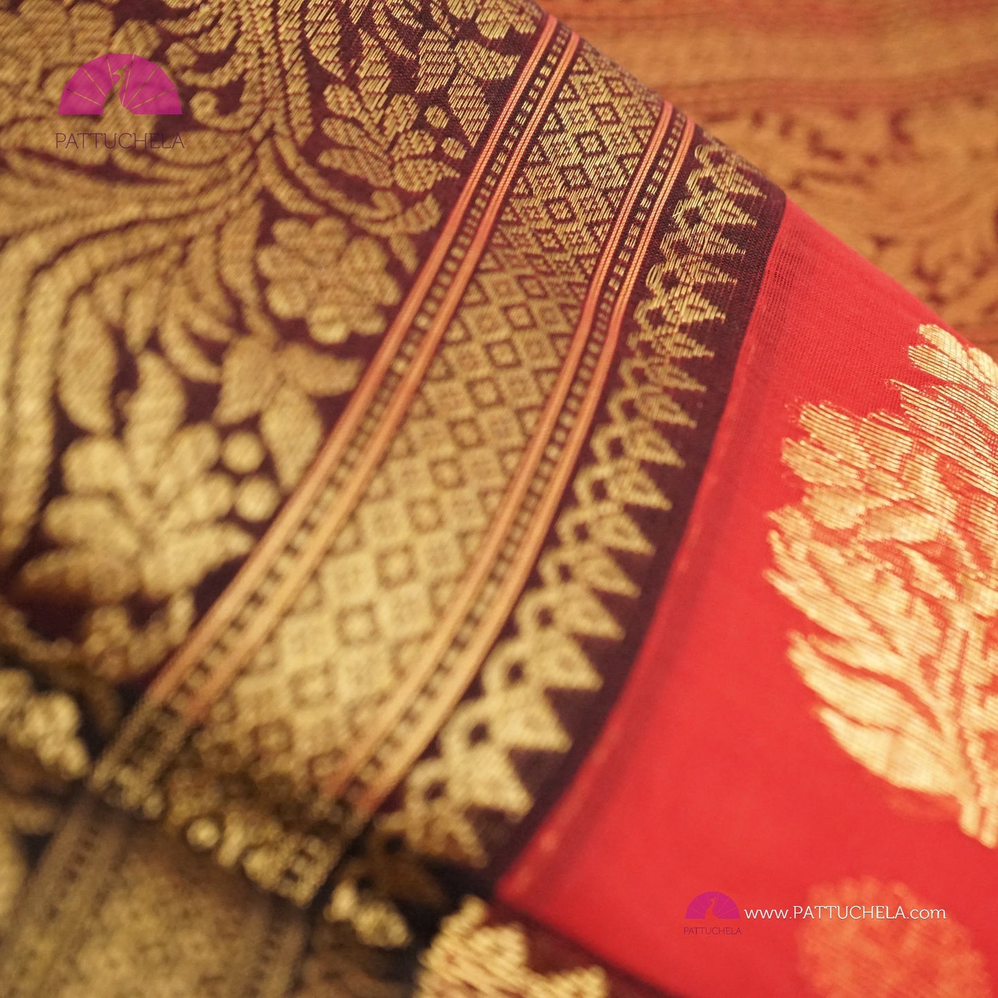 Crimson Red Chanderi Katan Handloom Silk Saree with contrast Black zari woven Nakshi border & Asarfi Motifs