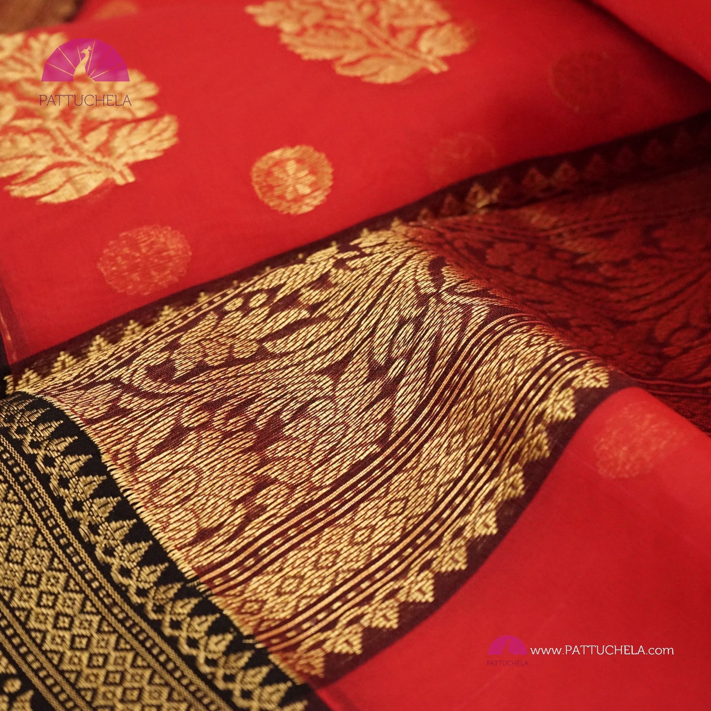 Crimson Red Chanderi Katan Handloom Silk Saree with contrast Black zari woven Nakshi border & Asarfi Motifs