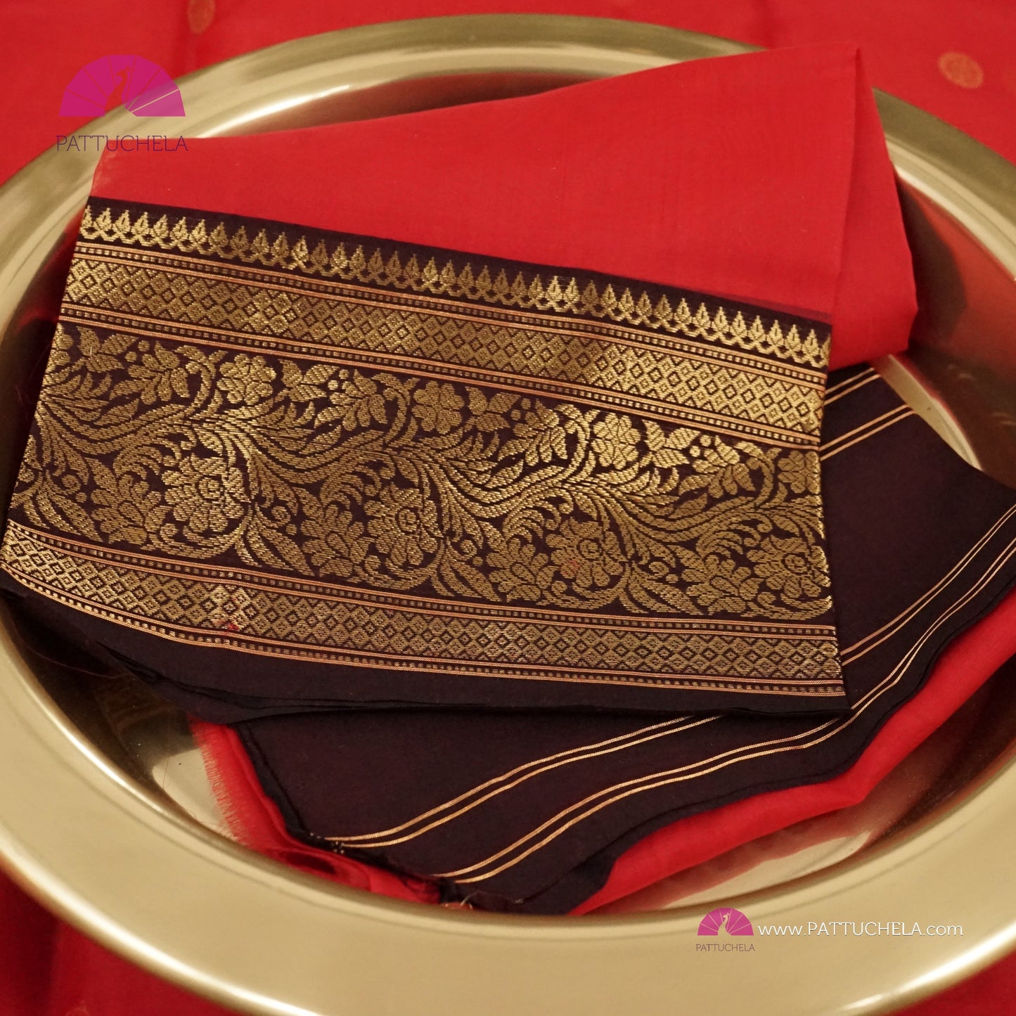Crimson Red Chanderi Katan Handloom Silk Saree with contrast Black zari woven Nakshi border & Asarfi Motifs