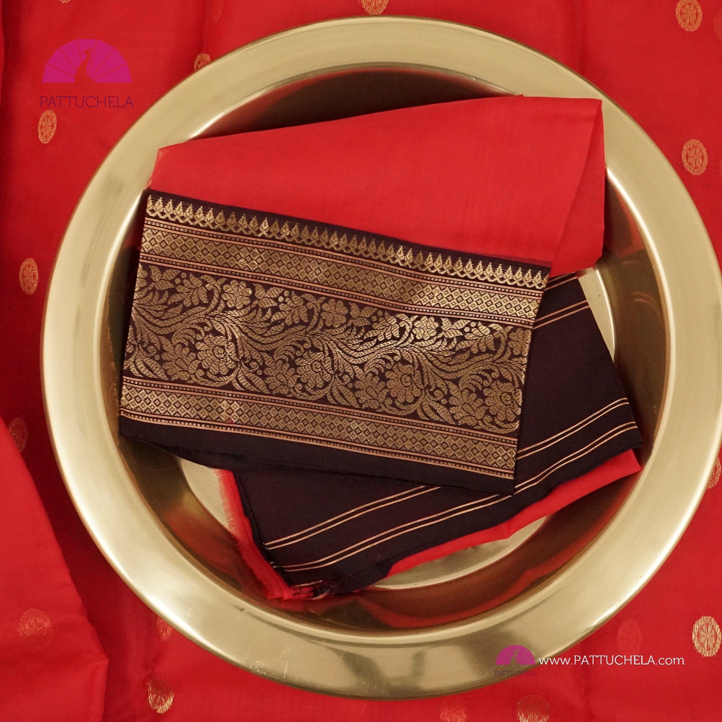 Crimson Red Chanderi Katan Handloom Silk Saree with contrast Black zari woven Nakshi border & Asarfi Motifs