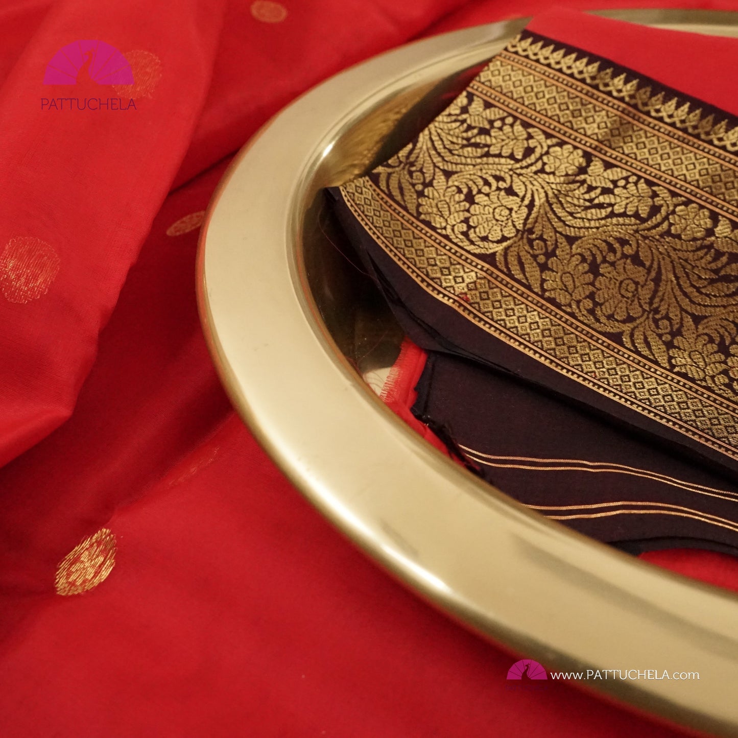 Crimson Red Chanderi Katan Handloom Silk Saree with contrast Black zari woven Nakshi border & Asarfi Motifs