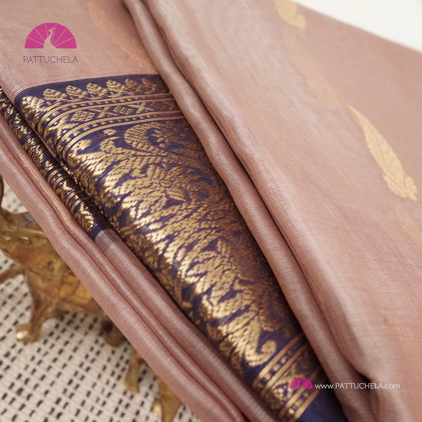 Dusty Pink Pure Chanderi Katan Handloom Silk Saree with Midnight Blue Nakshi Border