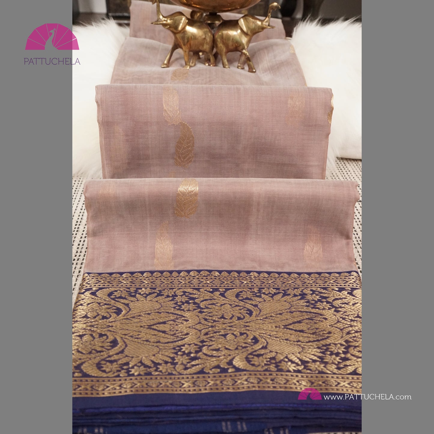 Dusty Pink Pure Chanderi Katan Handloom Silk Saree with Midnight Blue Nakshi Border
