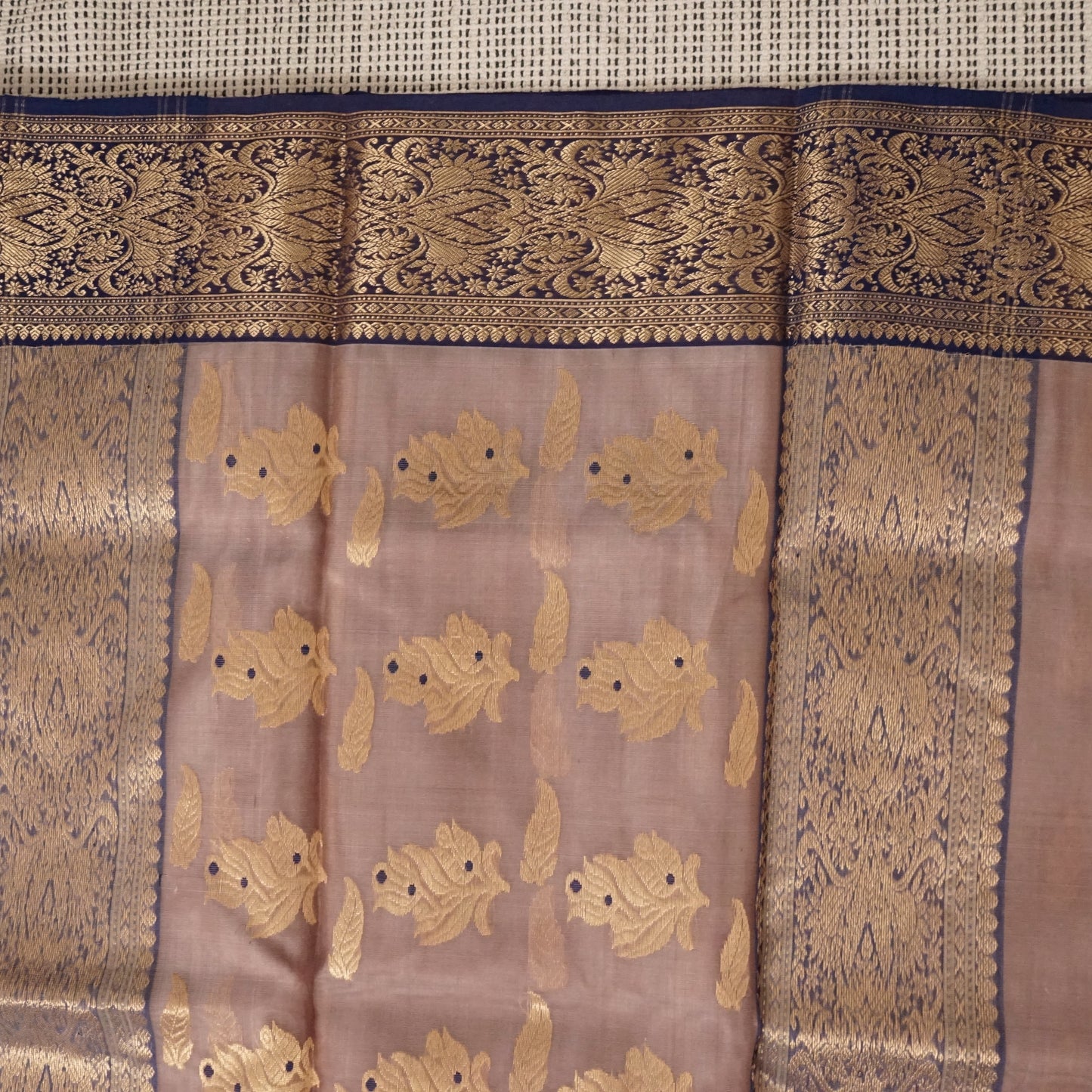 Dusty Pink Pure Chanderi Katan Handloom Silk Saree with Midnight Blue Nakshi Border