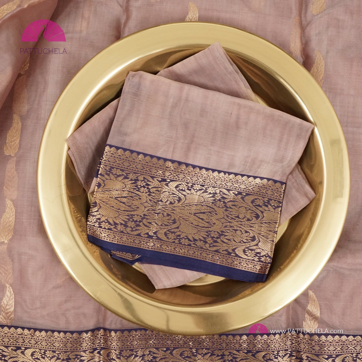 Dusty Pink Pure Chanderi Katan Handloom Silk Saree with Midnight Blue Nakshi Border