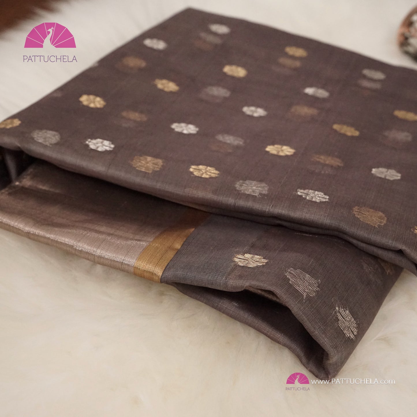 Grey Chanderi Katan Silk Handloom Saree with Sona Rupa motifs and Gold Metallic Grey Bavanchi Borders
