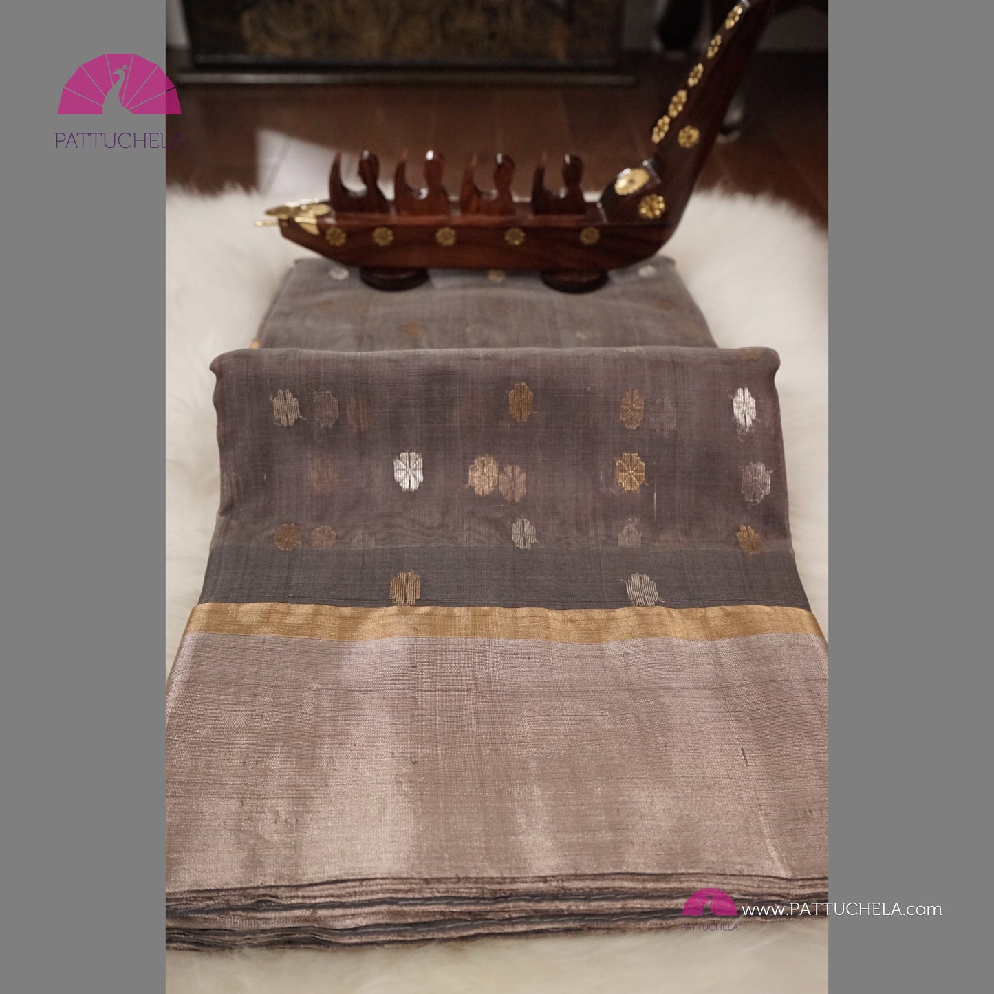 Grey Chanderi Katan Silk Handloom Saree with Sona Rupa motifs and Gold Metallic Grey Bavanchi Borders