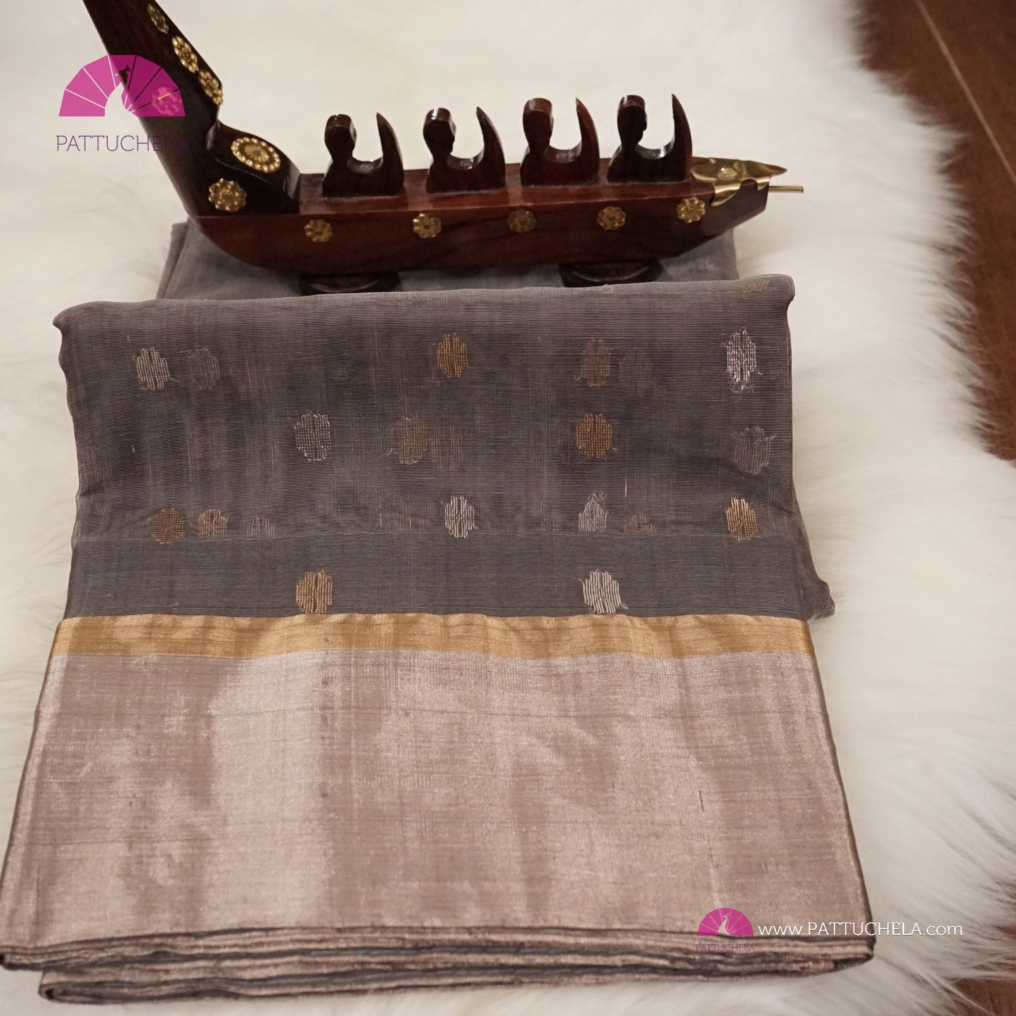 Grey Chanderi Katan Silk Handloom Saree with Sona Rupa motifs and Gold Metallic Grey Bavanchi Borders