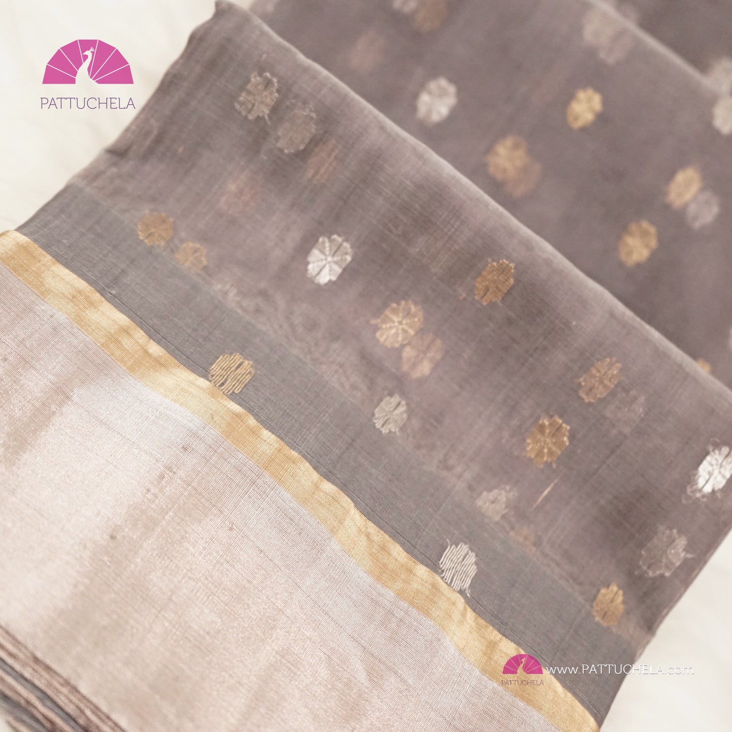 Grey Chanderi Katan Silk Handloom Saree with Sona Rupa motifs and Gold Metallic Grey Bavanchi Borders