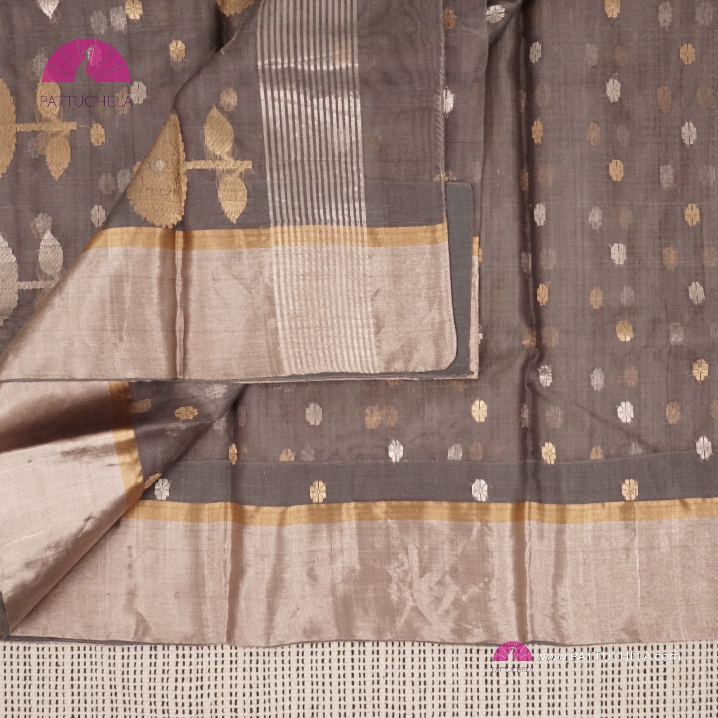 Grey Chanderi Katan Silk Handloom Saree with Sona Rupa motifs and Gold Metallic Grey Bavanchi Borders