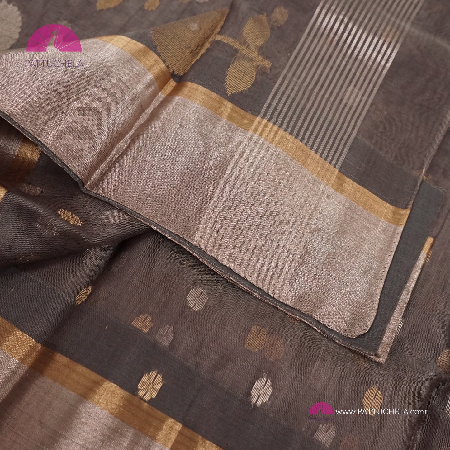 Grey Chanderi Katan Silk Handloom Saree with Sona Rupa motifs and Gold Metallic Grey Bavanchi Borders
