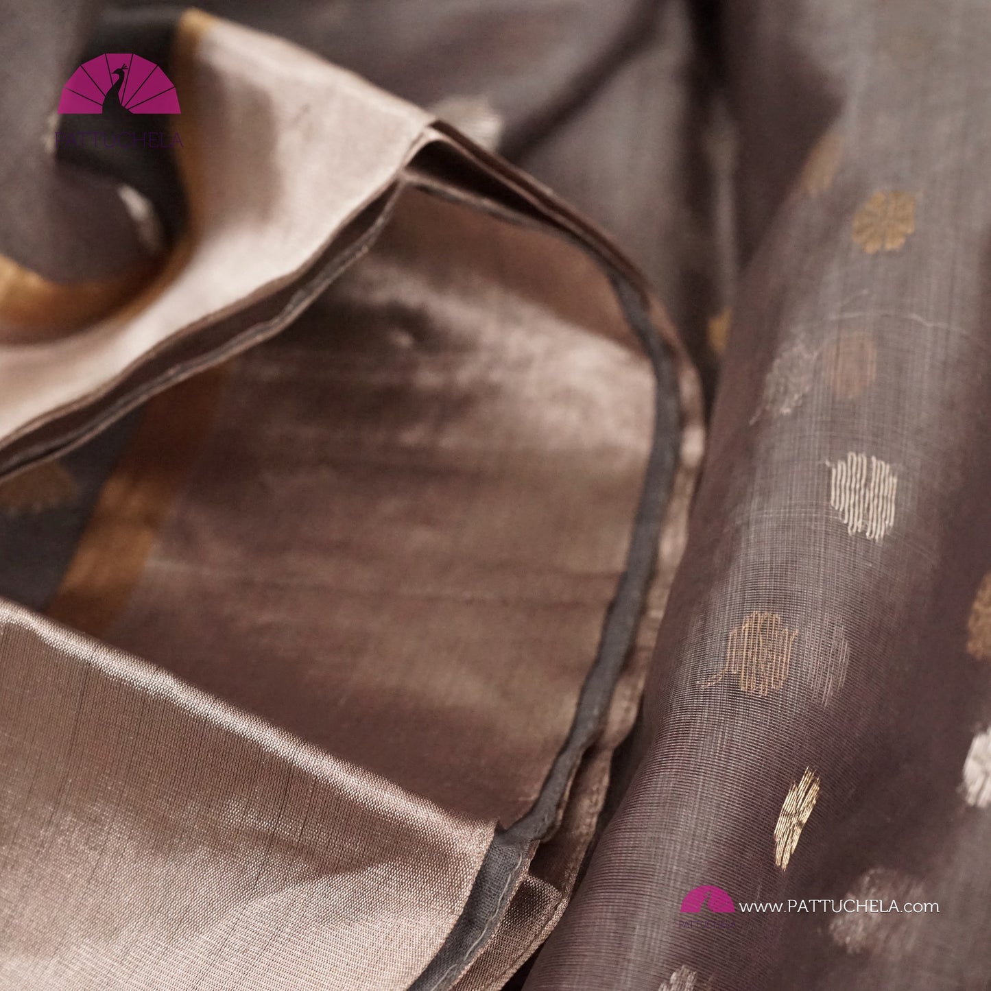 Grey Chanderi Katan Silk Handloom Saree with Sona Rupa motifs and Gold Metallic Grey Bavanchi Borders