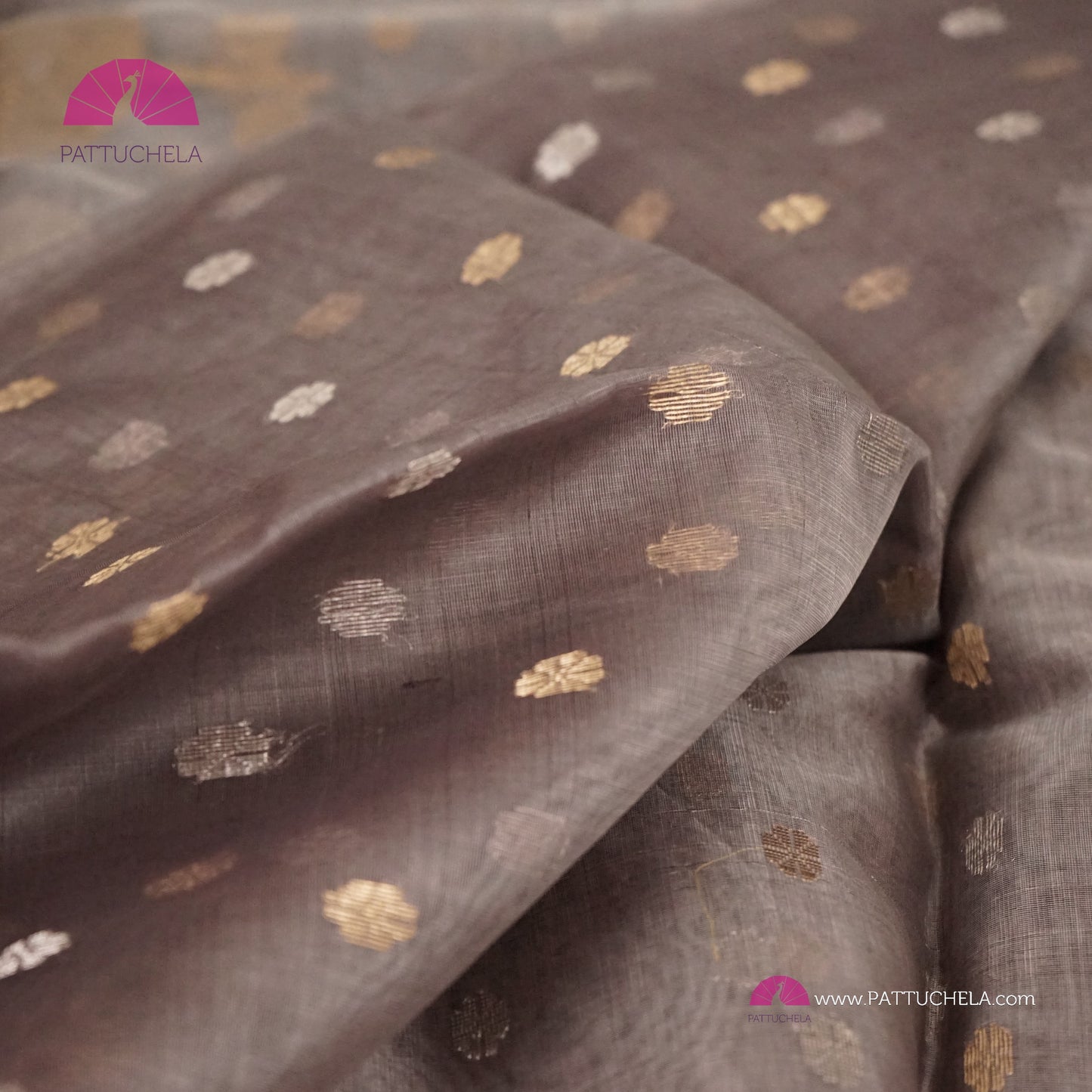 Grey Chanderi Katan Silk Handloom Saree with Sona Rupa motifs and Gold Metallic Grey Bavanchi Borders