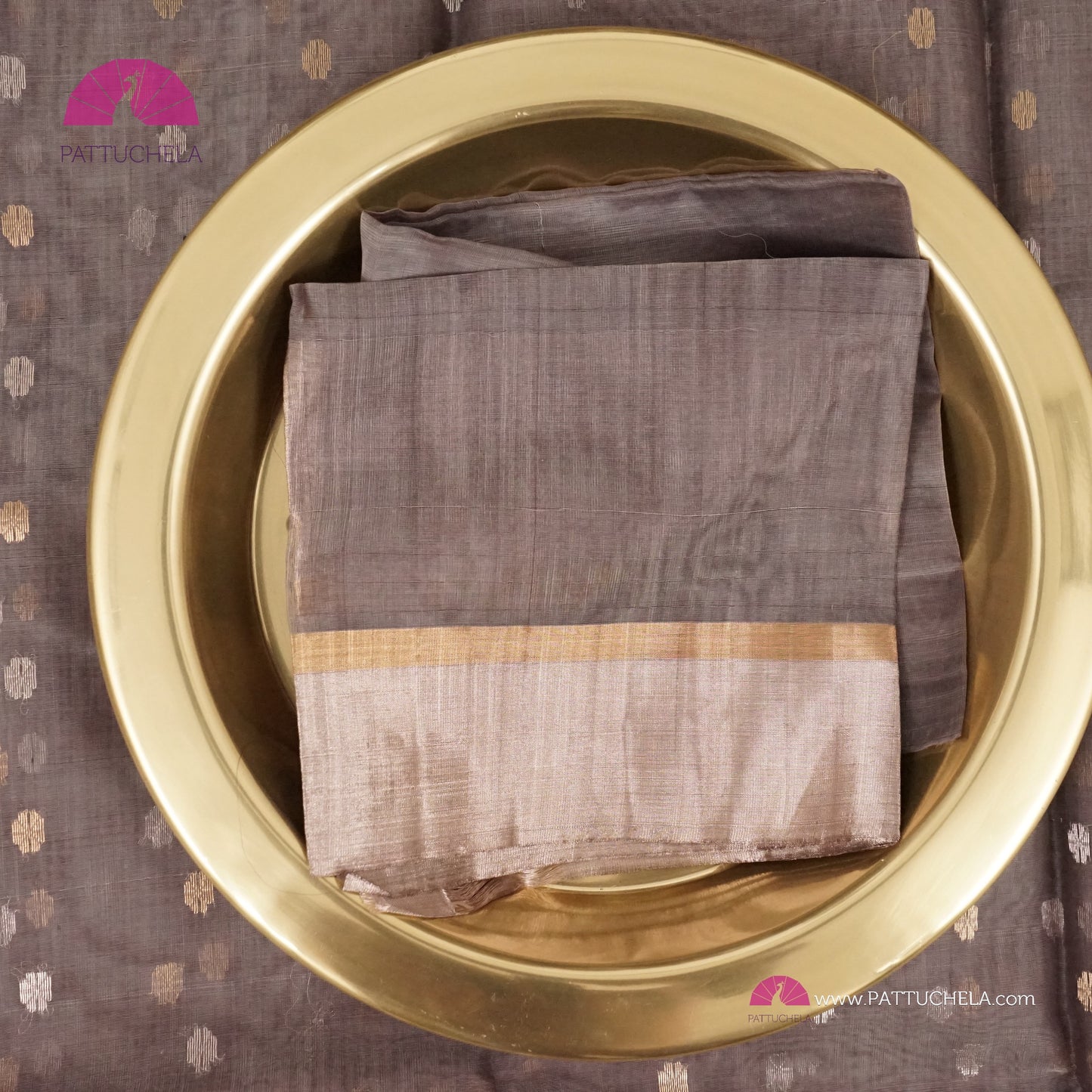 Grey Chanderi Katan Silk Handloom Saree with Sona Rupa motifs and Gold Metallic Grey Bavanchi Borders