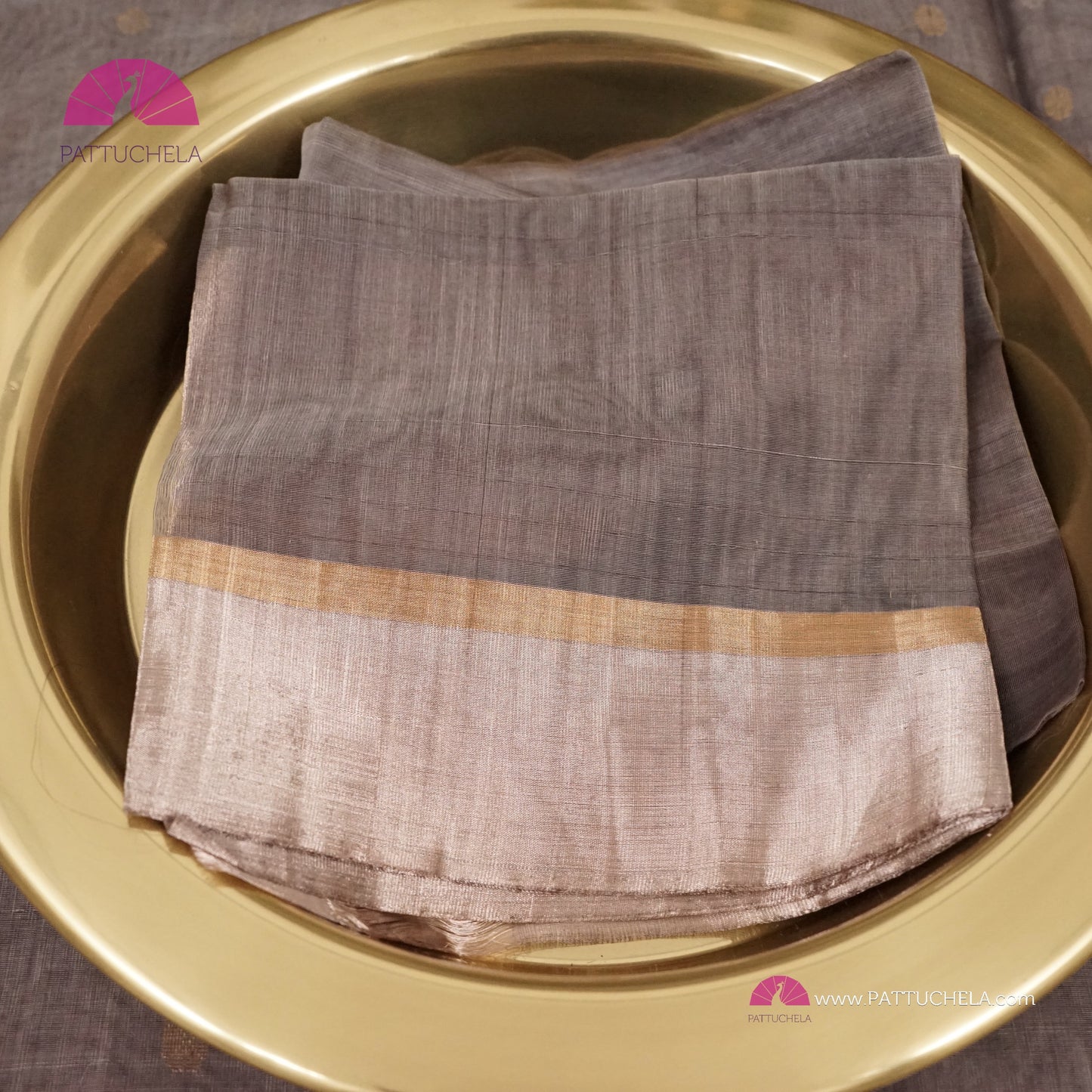 Grey Chanderi Katan Silk Handloom Saree with Sona Rupa motifs and Gold Metallic Grey Bavanchi Borders
