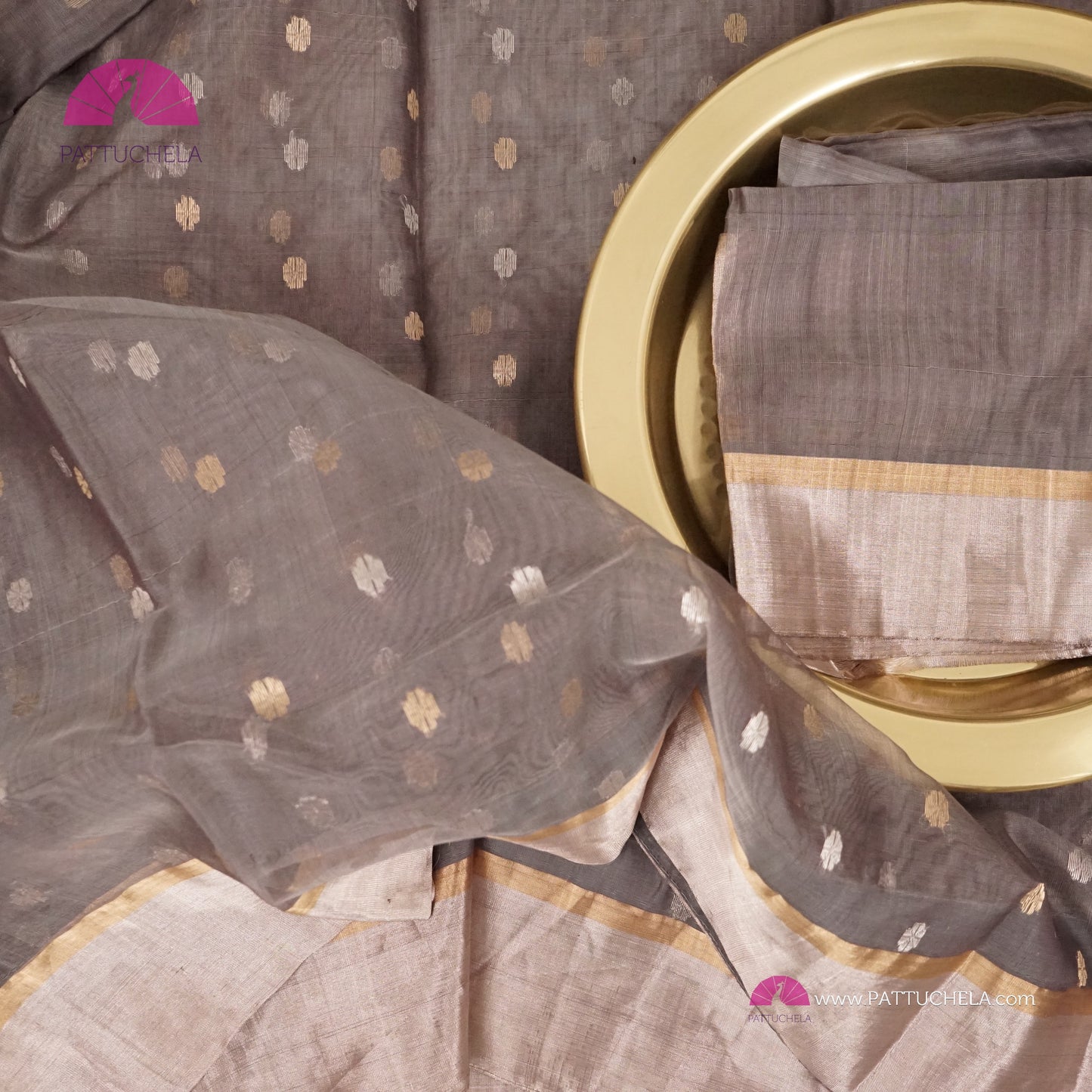 Grey Chanderi Katan Silk Handloom Saree with Sona Rupa motifs and Gold Metallic Grey Bavanchi Borders
