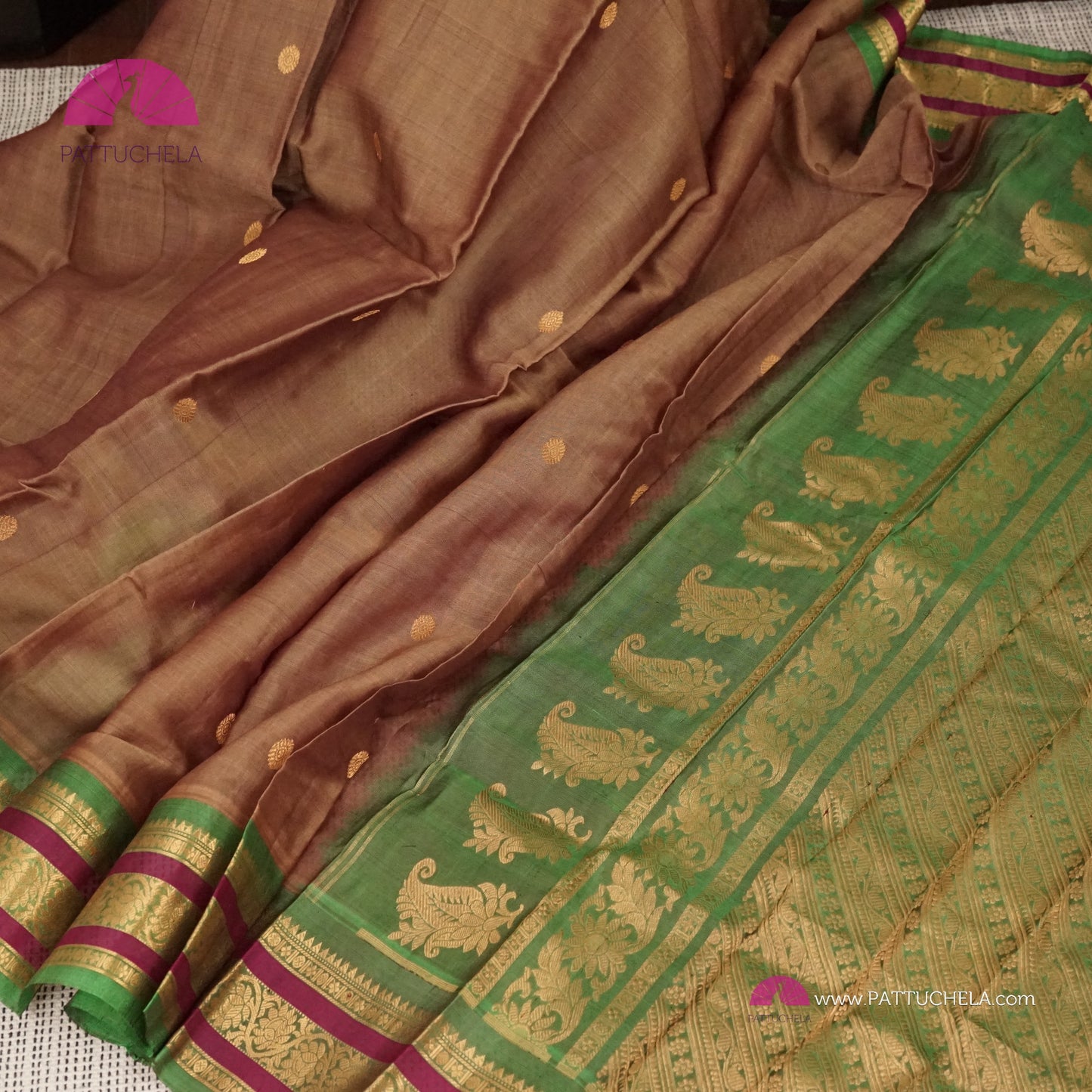 Tan Brown Pure Gadwal Sico Sarees with Zari woven Green Border and Pallu | Wedding Saree | Gadwal Silk