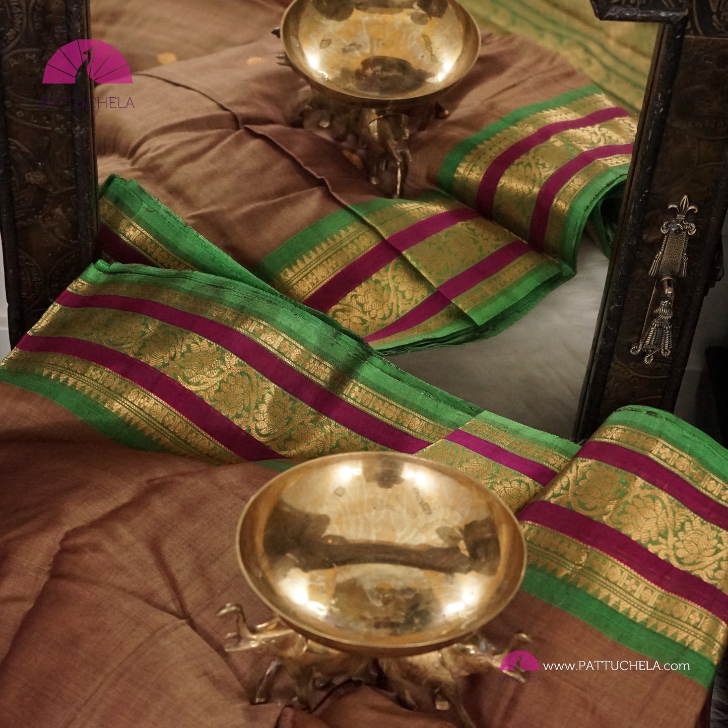 Tan Brown Pure Gadwal Sico Sarees with Zari woven Green Border and Pallu | Wedding Saree | Gadwal Silk