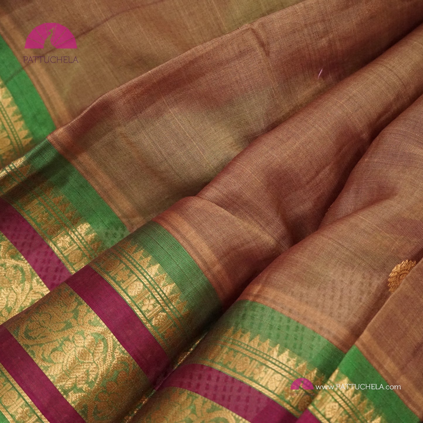 Tan Brown Pure Gadwal Sico Sarees with Zari woven Green Border and Pallu | Wedding Saree | Gadwal Silk