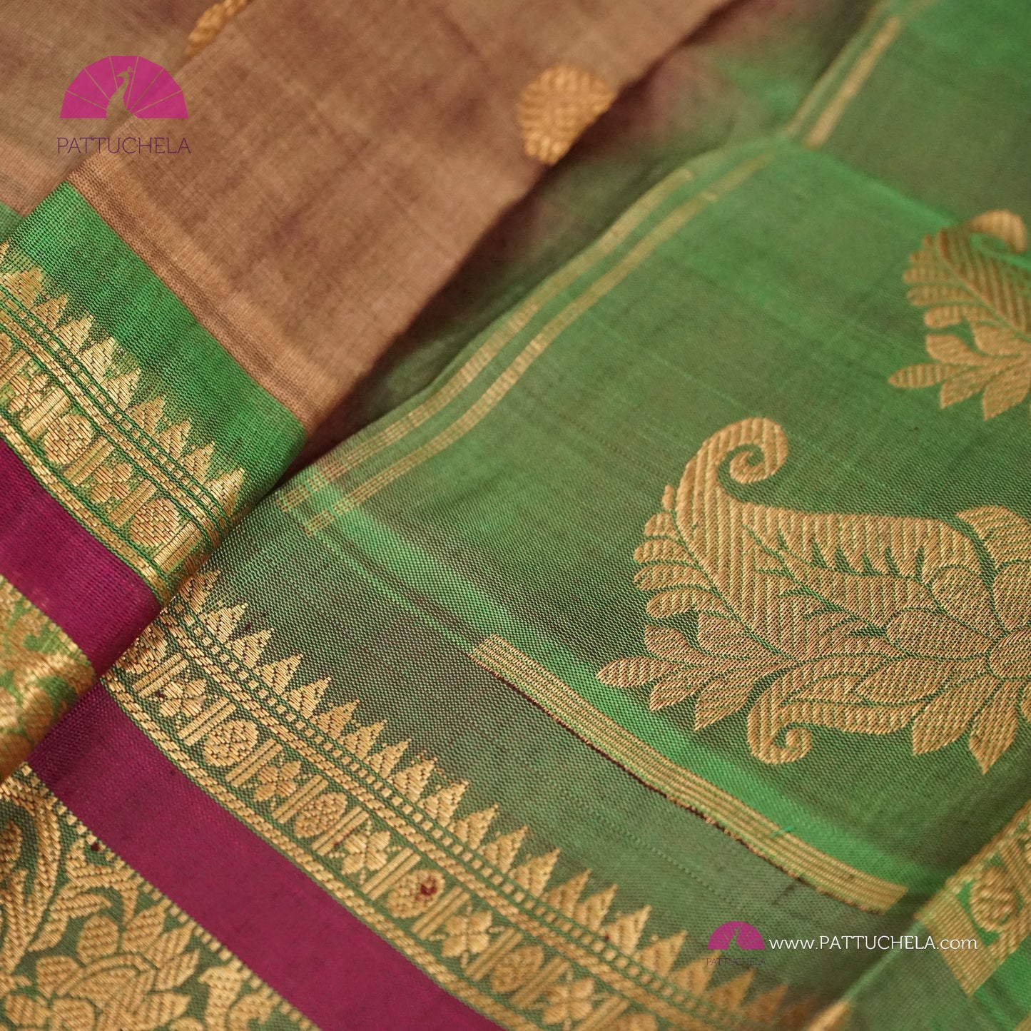 Tan Brown Pure Gadwal Sico Sarees with Zari woven Green Border and Pallu | Wedding Saree | Gadwal Silk