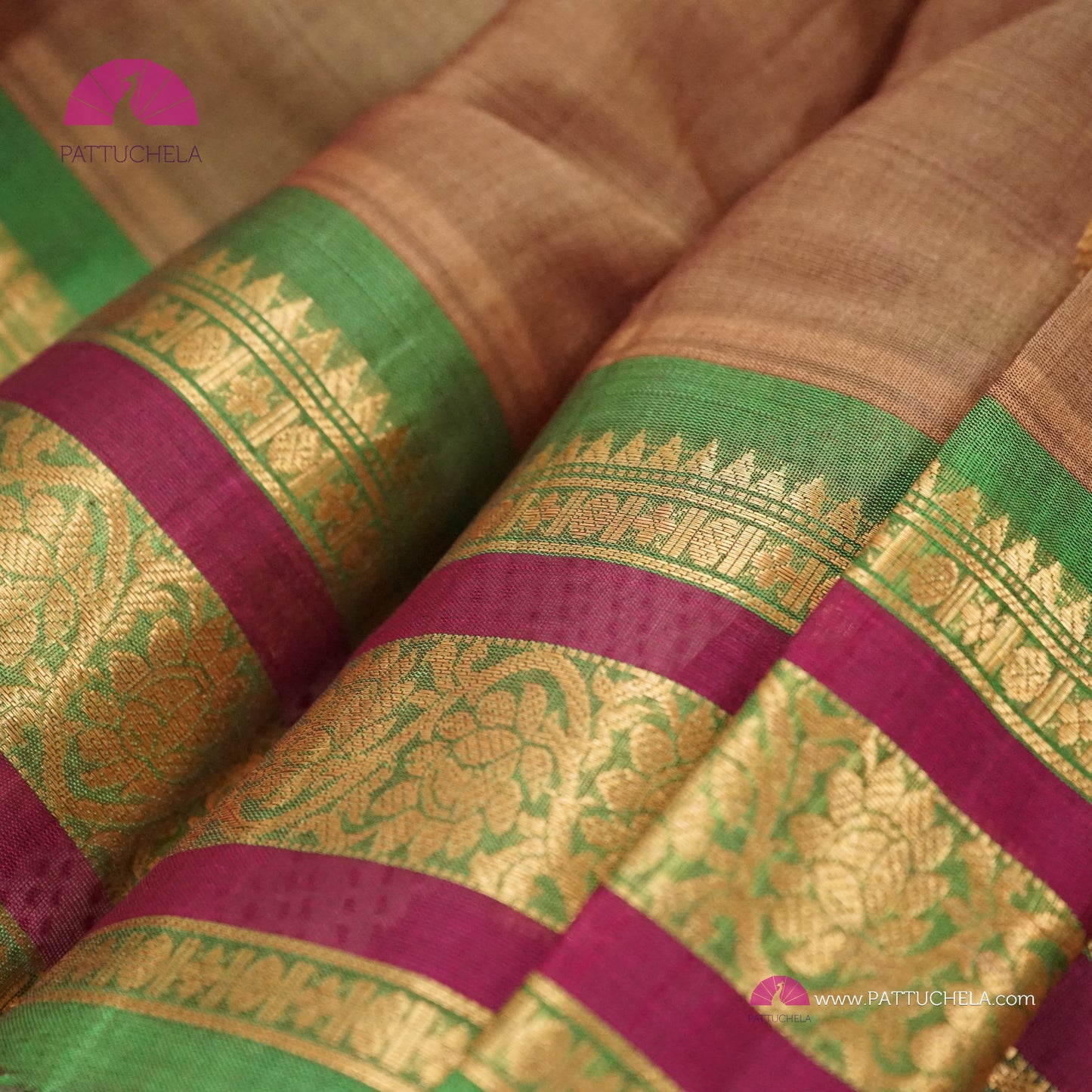 Tan Brown Pure Gadwal Sico Sarees with Zari woven Green Border and Pallu | Wedding Saree | Gadwal Silk