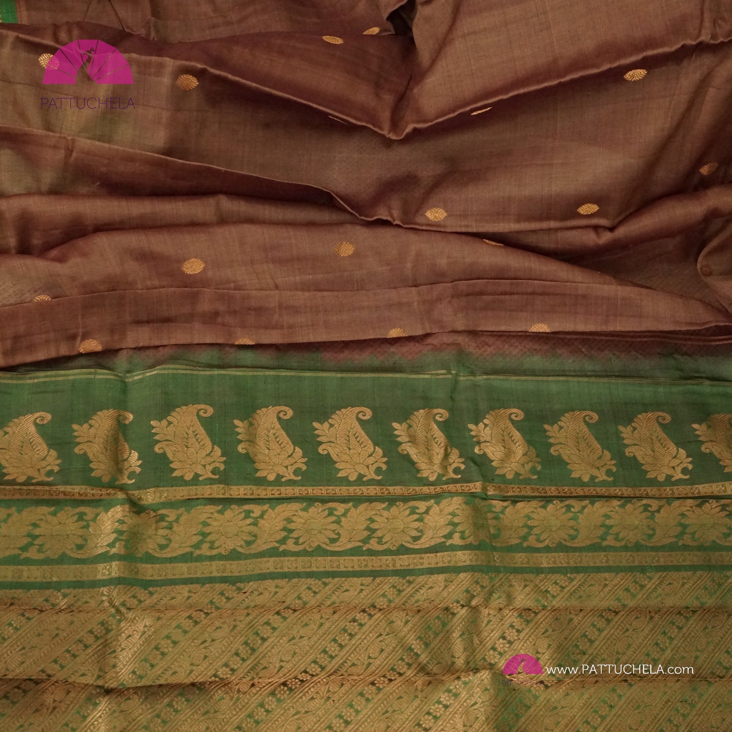 Tan Brown Pure Gadwal Sico Sarees with Zari woven Green Border and Pallu | Wedding Saree | Gadwal Silk