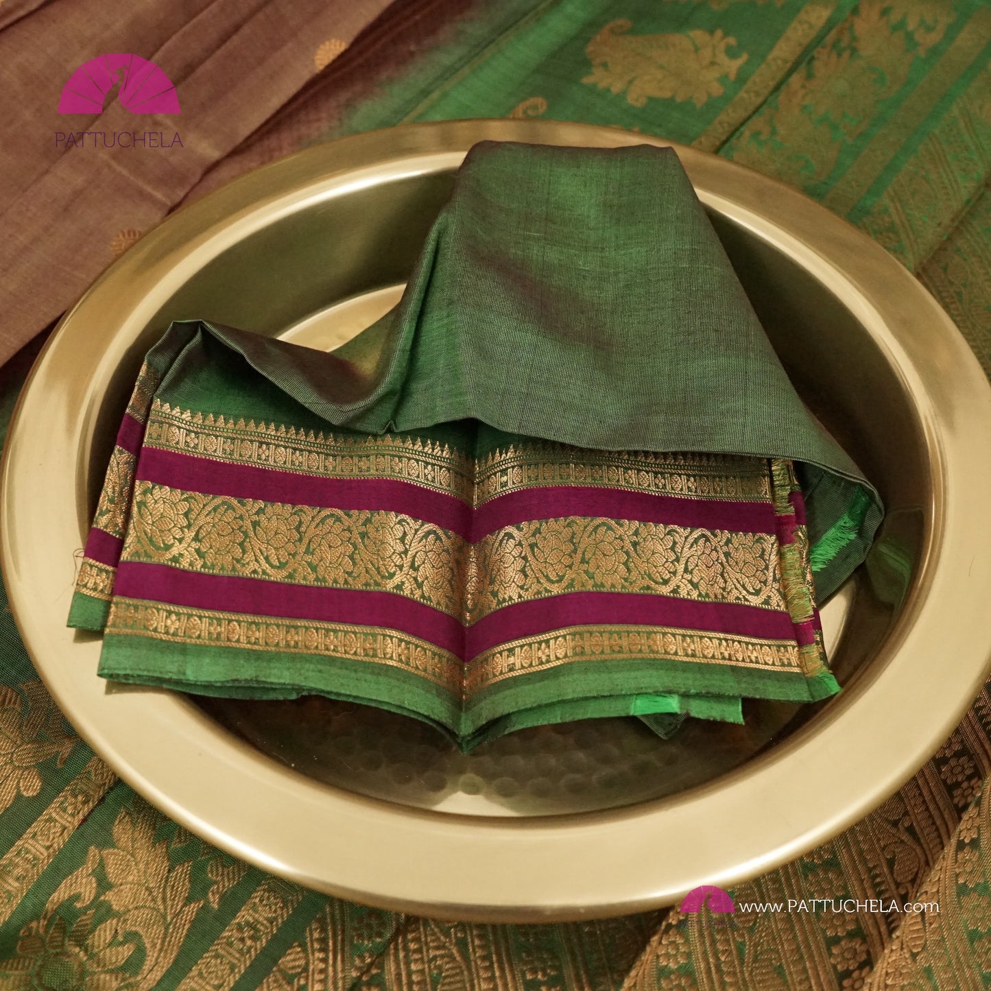 Tan Brown Pure Gadwal Sico Sarees with Zari woven Green Border and Pallu | Wedding Saree | Gadwal Silk