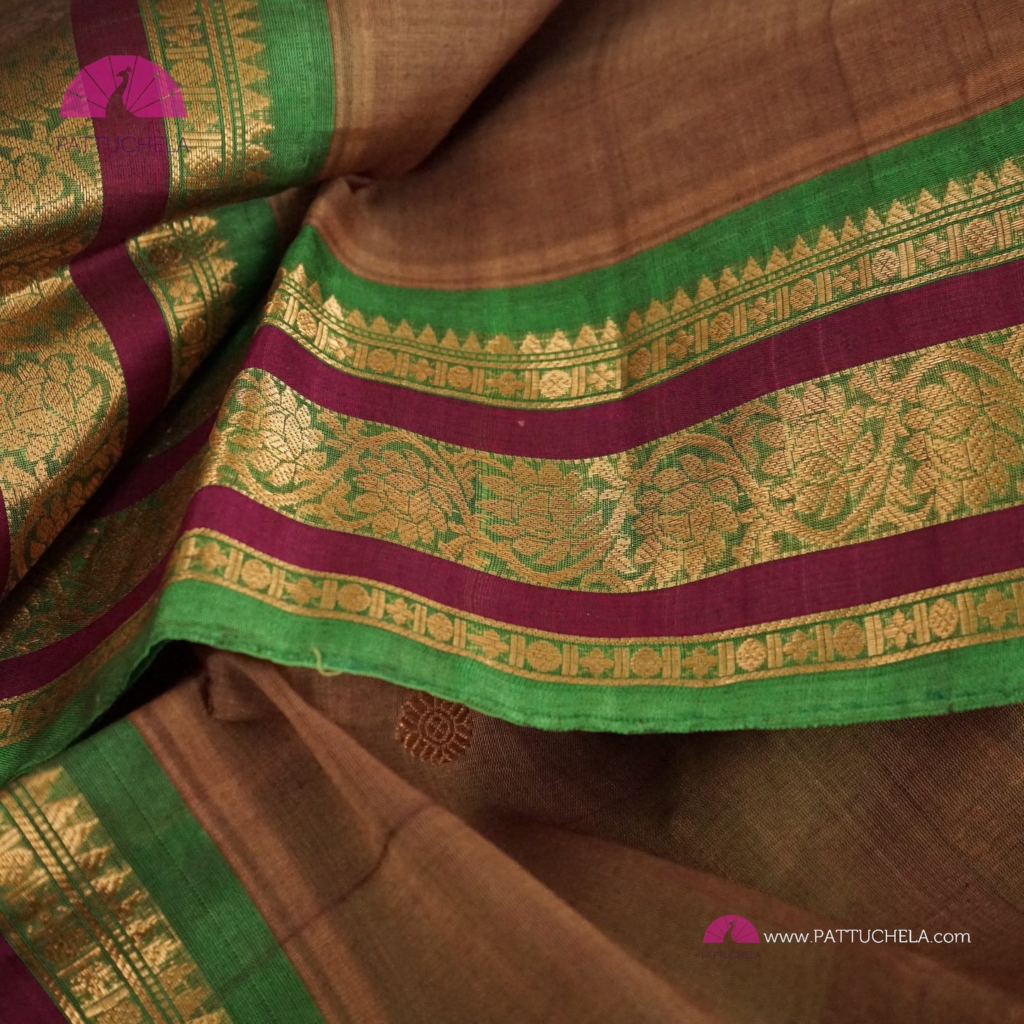 Tan Brown Pure Gadwal Sico Sarees with Zari woven Green Border and Pallu | Wedding Saree | Gadwal Silk