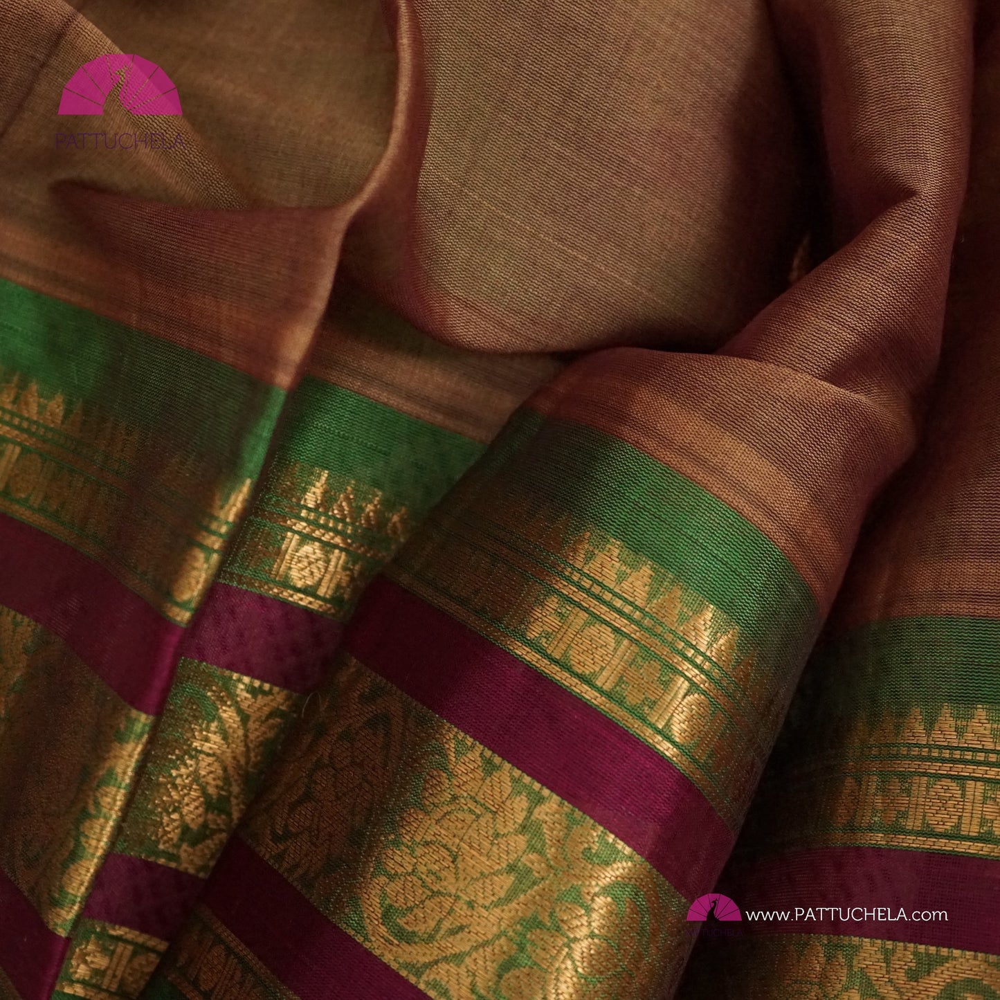 Tan Brown Pure Gadwal Sico Sarees with Zari woven Green Border and Pallu | Wedding Saree | Gadwal Silk