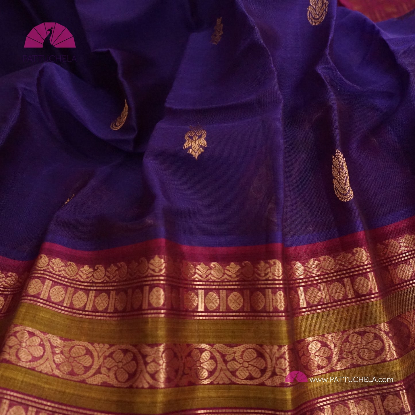 Indigo Blue Pure Gadwal Sico Sarees with Zari woven Plum Purple Border and Pallu | Wedding Saree | Gadwal Silk