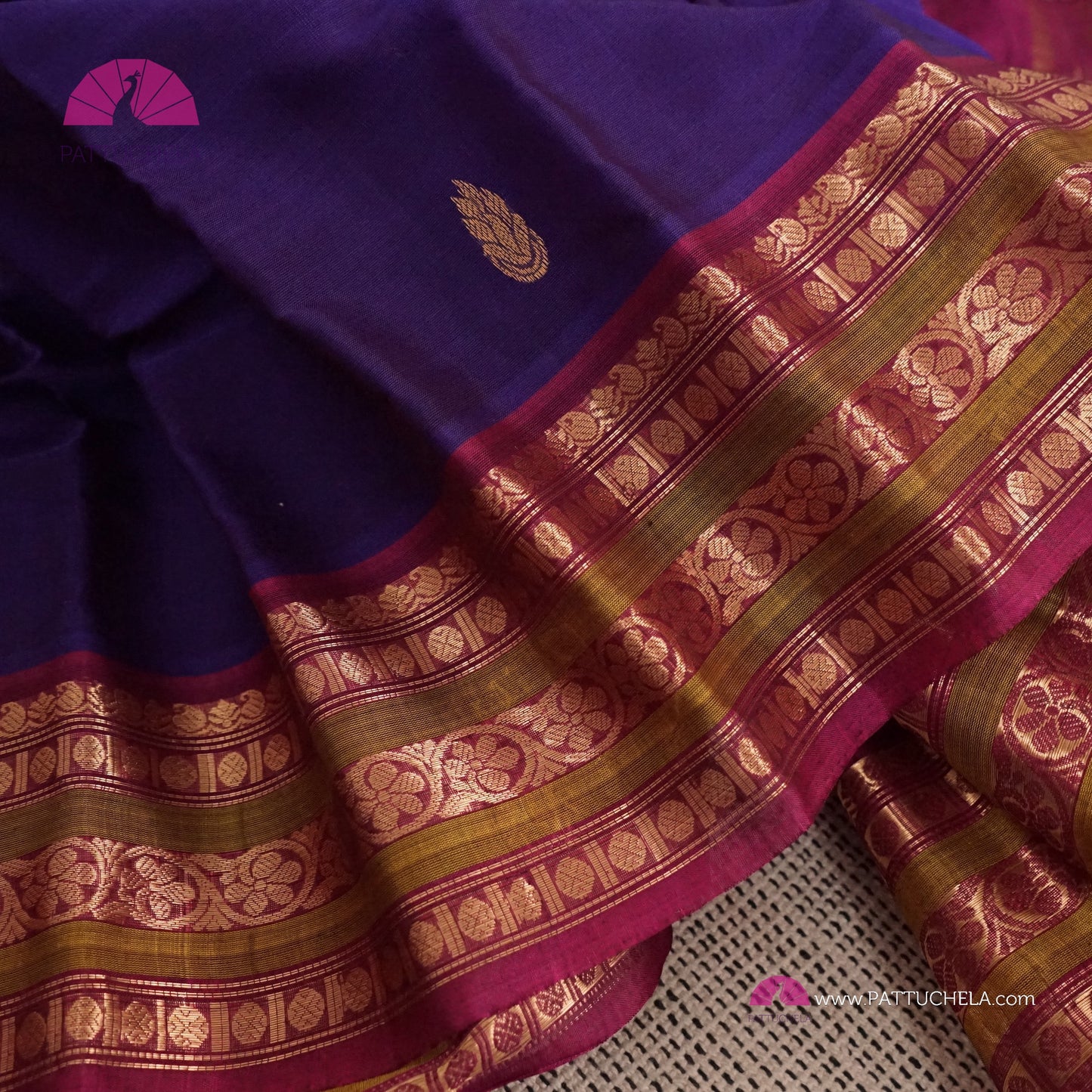Indigo Blue Pure Gadwal Sico Sarees with Zari woven Plum Purple Border and Pallu | Wedding Saree | Gadwal Silk
