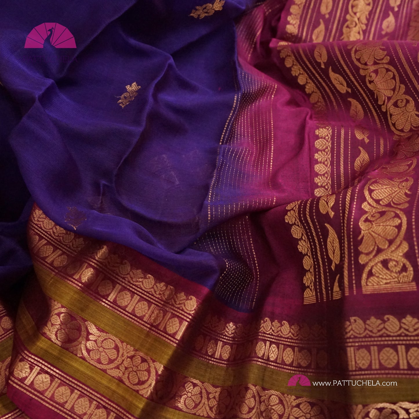 Indigo Blue Pure Gadwal Sico Sarees with Zari woven Plum Purple Border and Pallu | Wedding Saree | Gadwal Silk