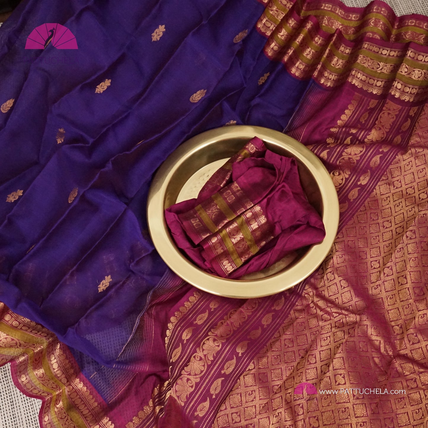 Indigo Blue Pure Gadwal Sico Sarees with Zari woven Plum Purple Border and Pallu | Wedding Saree | Gadwal Silk
