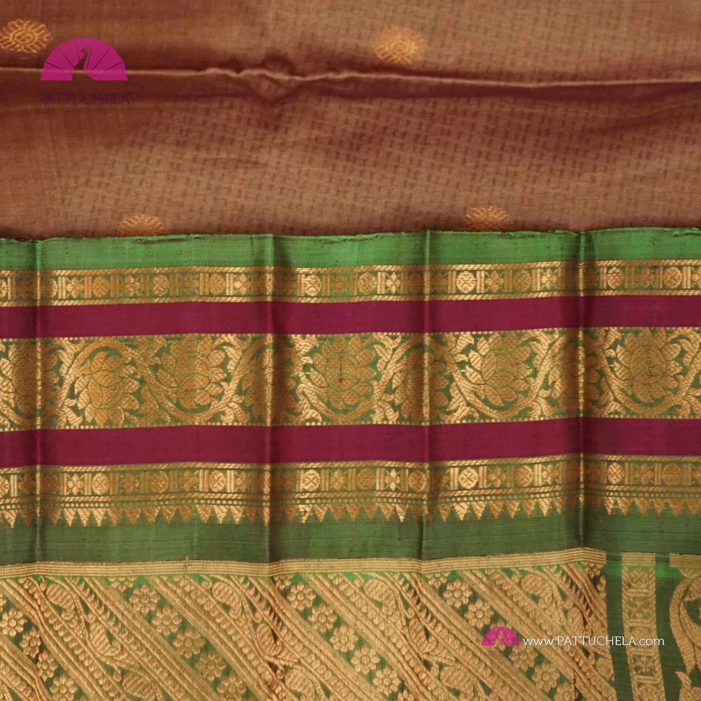 Tan Brown Pure Gadwal Sico Sarees with Zari woven Green Border and Pallu | Wedding Saree | Gadwal Silk