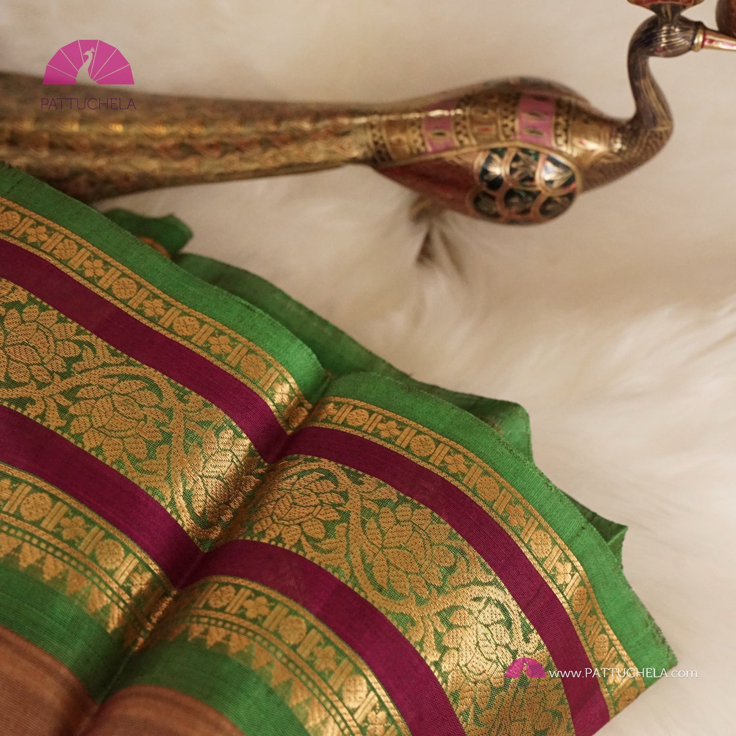 Tan Brown Pure Gadwal Sico Sarees with Zari woven Green Border and Pallu | Wedding Saree | Gadwal Silk