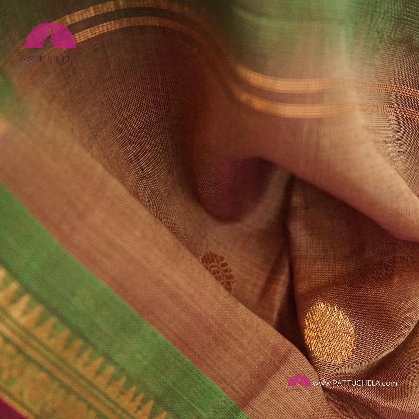 Tan Brown Pure Gadwal Sico Sarees with Zari woven Green Border and Pallu | Wedding Saree | Gadwal Silk