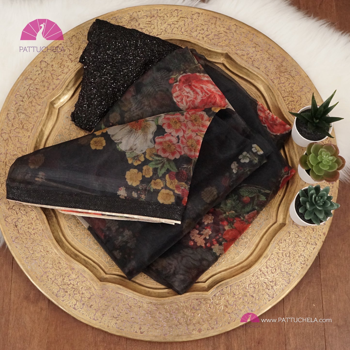 Black Organza Digital Print Katrina Kaif's Floral Saree with Sequence Laced Border